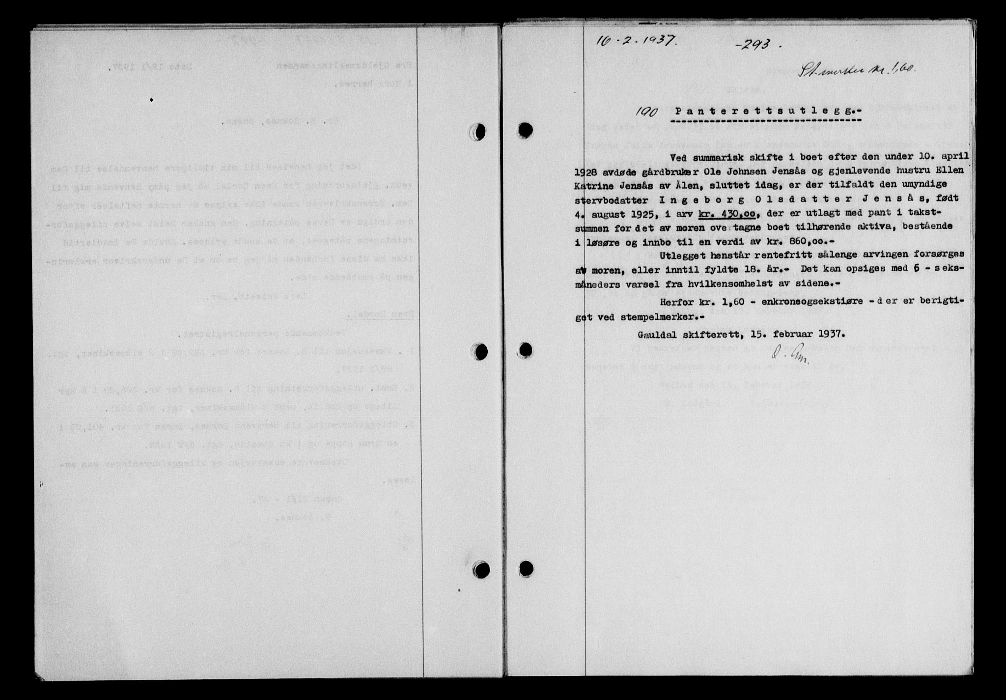 Gauldal sorenskriveri, SAT/A-0014/1/2/2C/L0046: Pantebok nr. 49-50, 1936-1937, Dagboknr: 190/1937