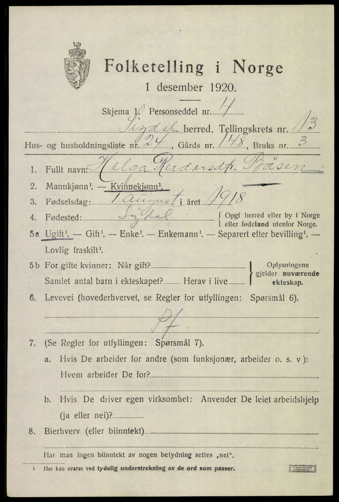 SAKO, Folketelling 1920 for 0621 Sigdal herred, 1920, s. 8334