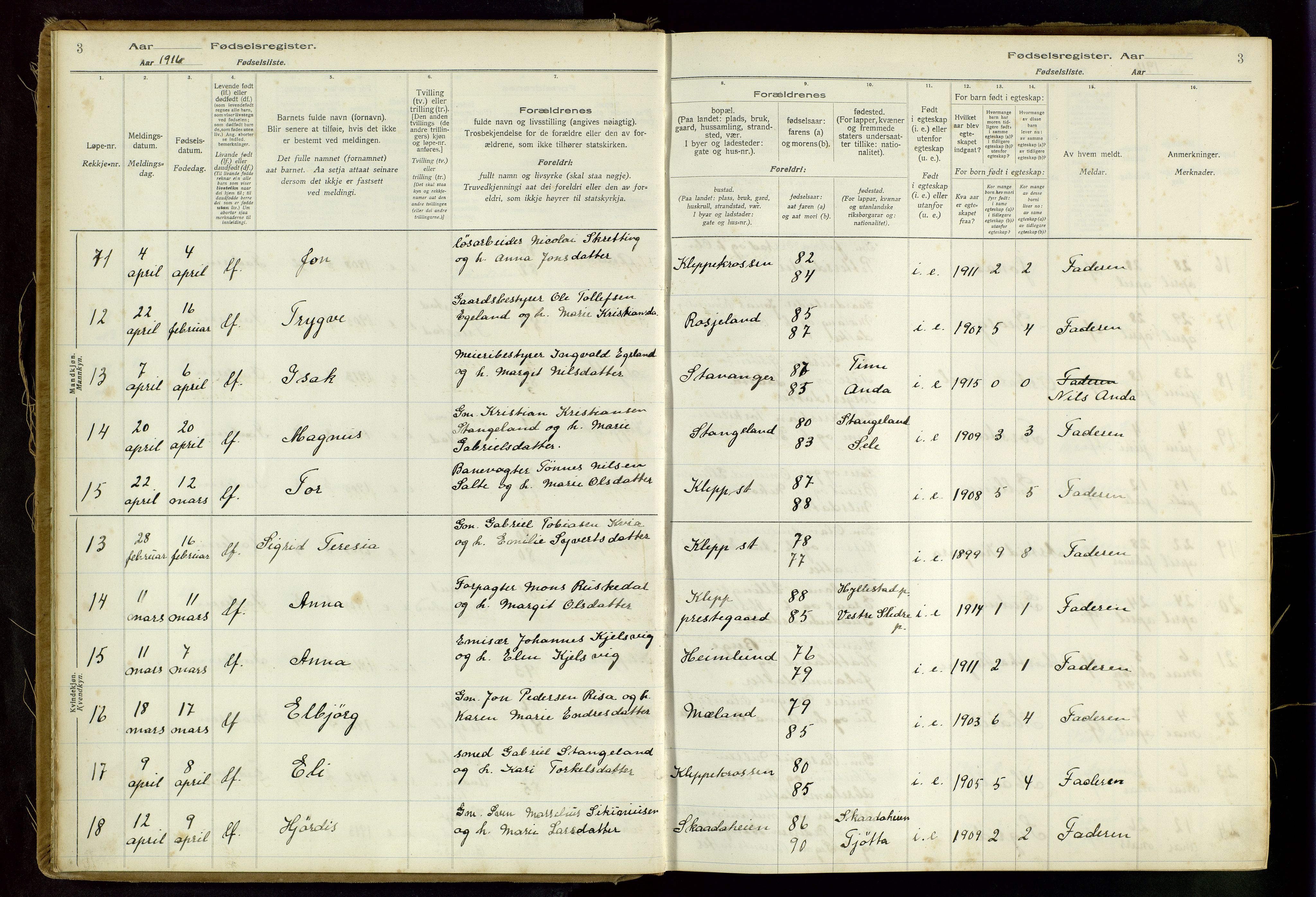 Klepp sokneprestkontor, SAST/A-101803/001/704BAA/L0001: Fødselsregister nr. 1, 1916-1948, s. 3