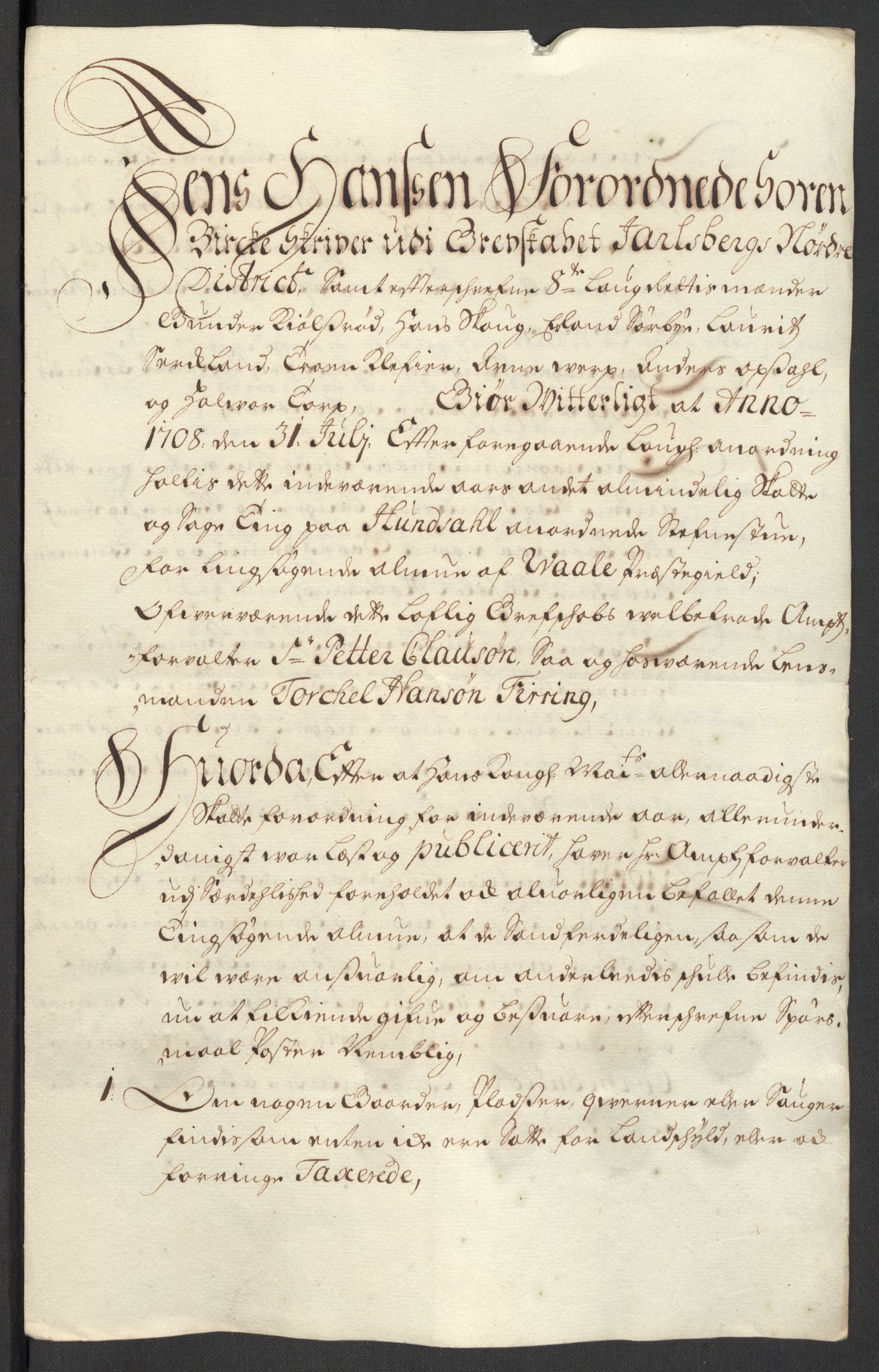 Rentekammeret inntil 1814, Reviderte regnskaper, Fogderegnskap, AV/RA-EA-4092/R32/L1873: Fogderegnskap Jarlsberg grevskap, 1708, s. 130