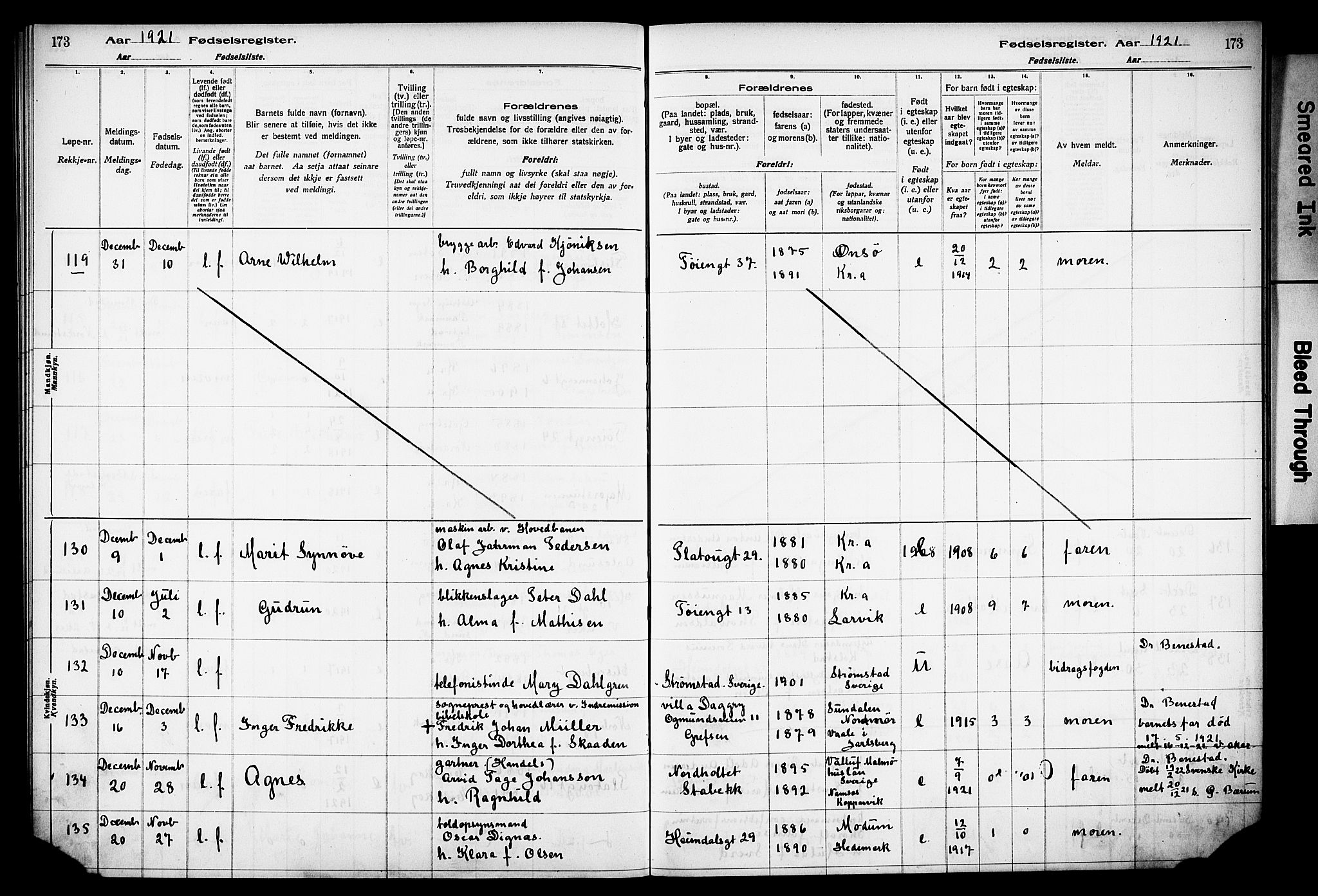 Grønland prestekontor Kirkebøker, AV/SAO-A-10848/J/Ja/L0001: Fødselsregister nr. 1, 1916-1922, s. 173