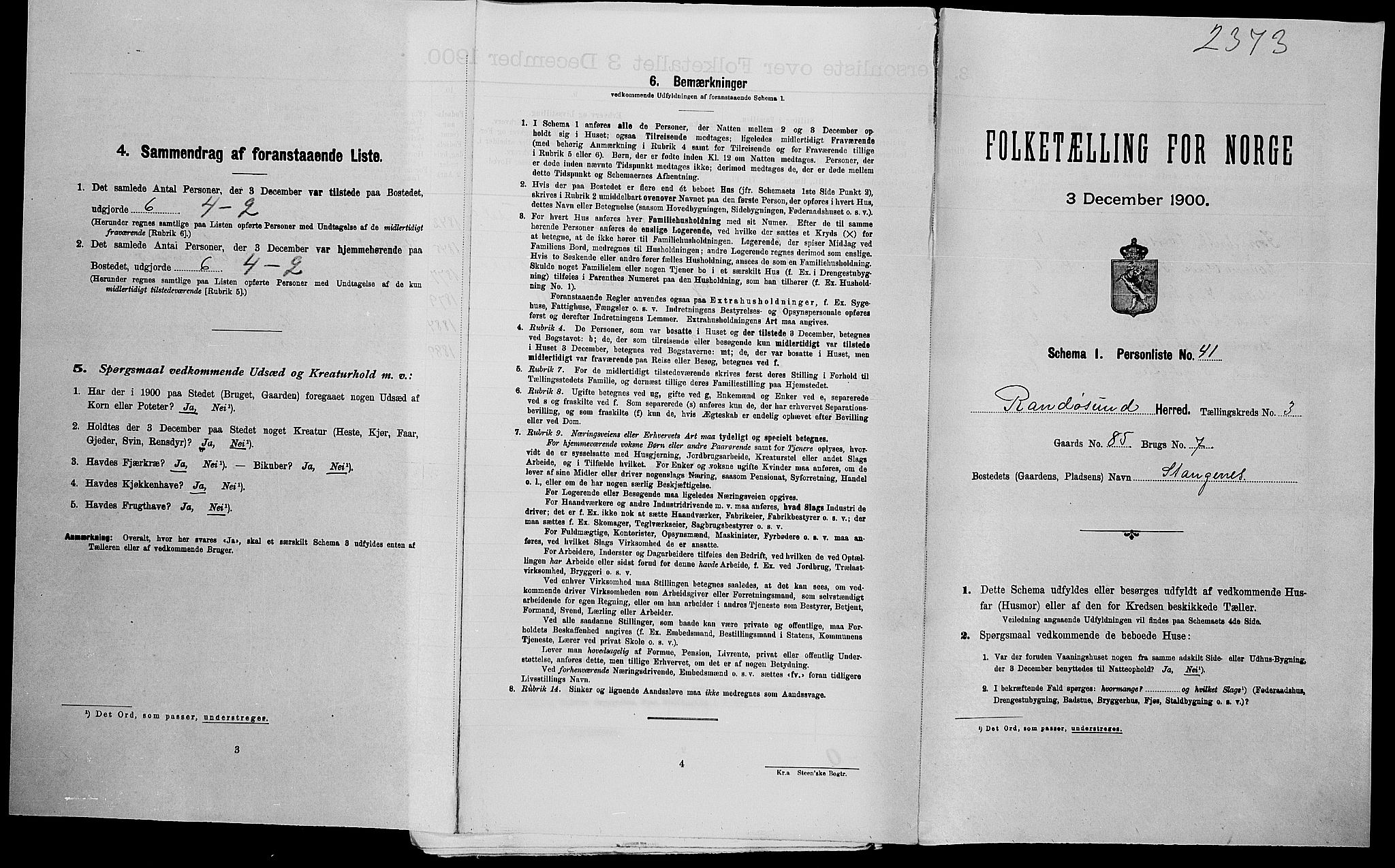 SAK, Folketelling 1900 for 1011 Randesund herred, 1900, s. 425
