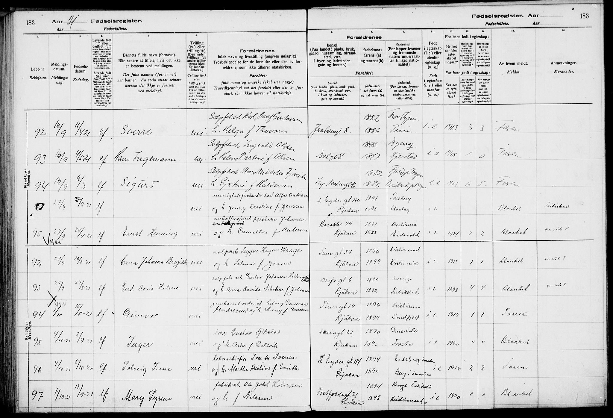 Rjukan kirkebøker, AV/SAKO-A-294/J/Ja/L0001: Fødselsregister nr. 1, 1916-1922, s. 183