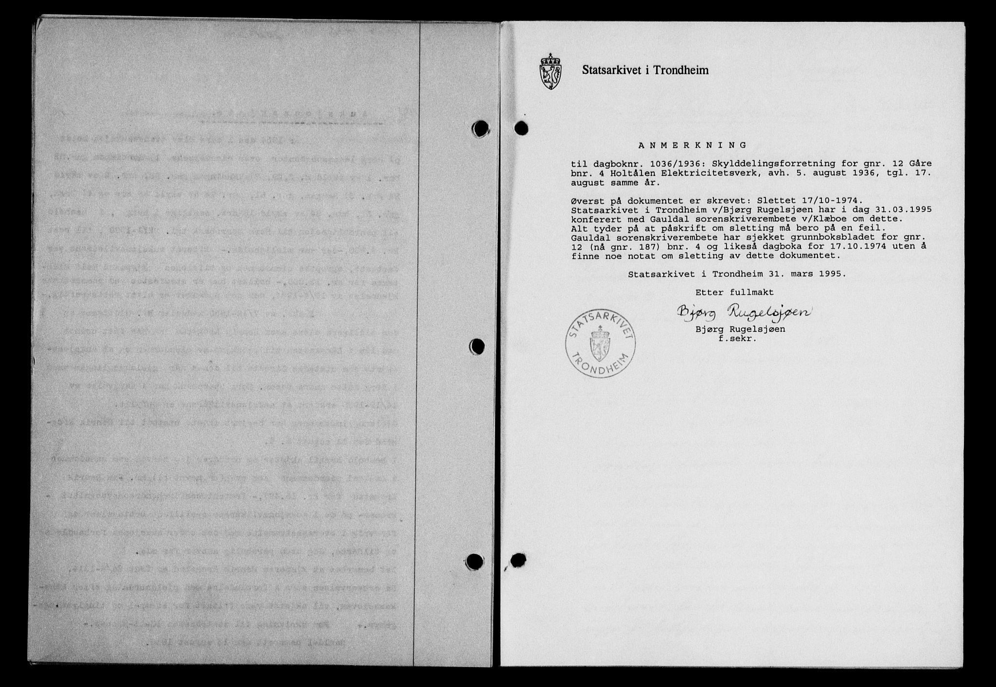 Gauldal sorenskriveri, SAT/A-0014/1/2/2C/L0046: Pantebok nr. 49-50, 1936-1937, Dagboknr: 1036/1936