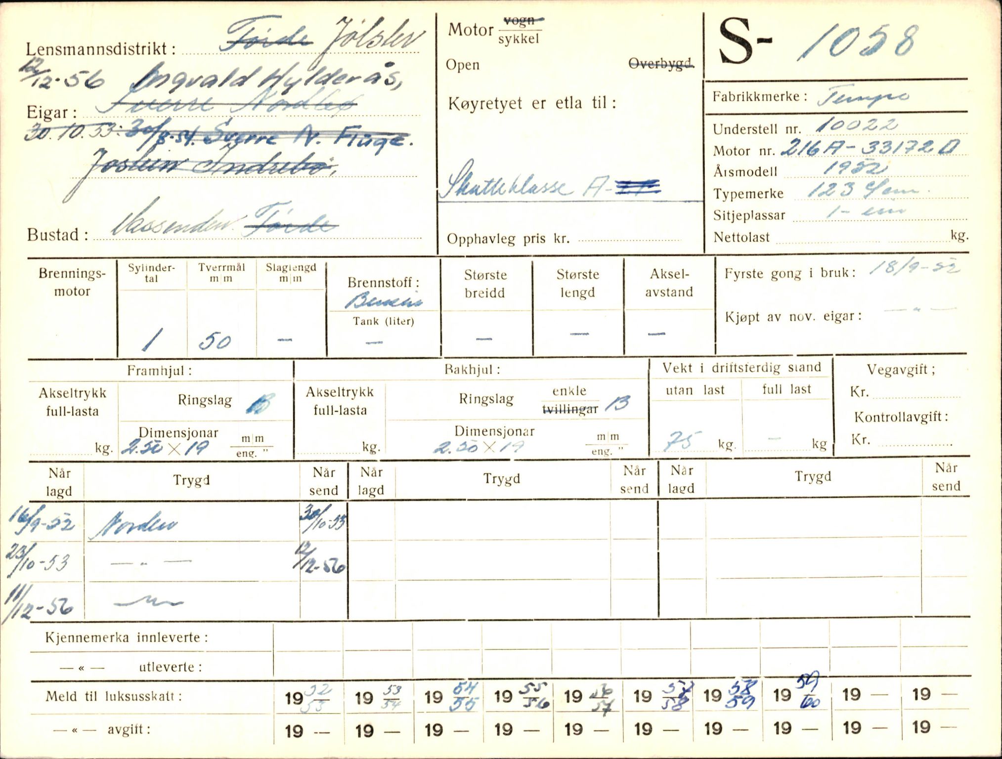 Statens vegvesen, Sogn og Fjordane vegkontor, AV/SAB-A-5301/4/F/L0003: Registerkort utmeldte Fjordane S1000-2499, 1930-1961, s. 100