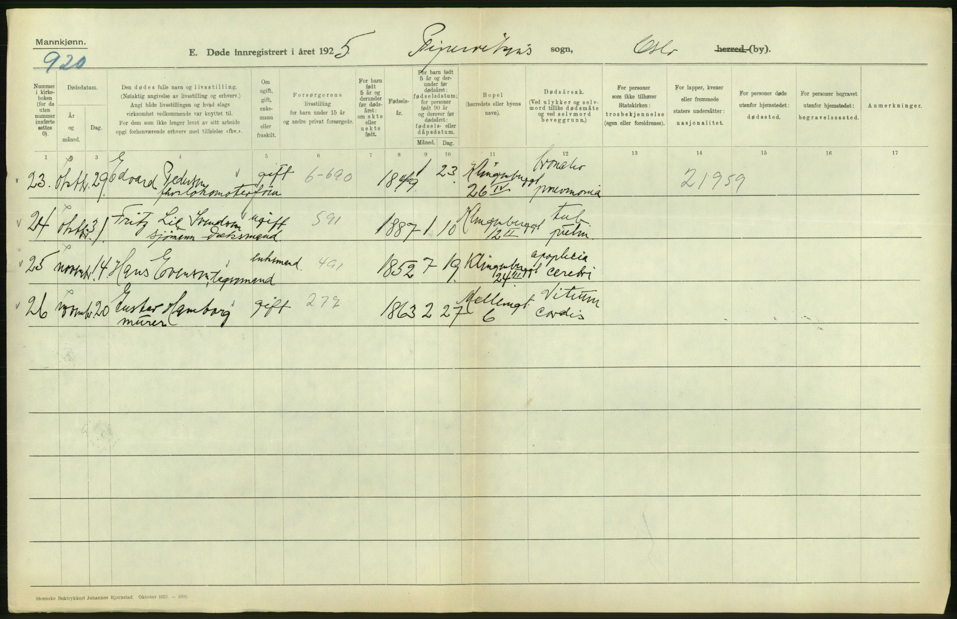 Statistisk sentralbyrå, Sosiodemografiske emner, Befolkning, AV/RA-S-2228/D/Df/Dfc/Dfce/L0009: Oslo: Døde menn, 1925, s. 470