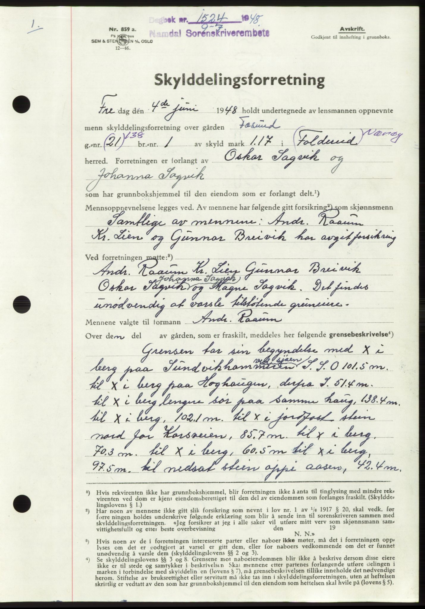 Namdal sorenskriveri, SAT/A-4133/1/2/2C: Pantebok nr. -, 1948-1948, Dagboknr: 1524/1948
