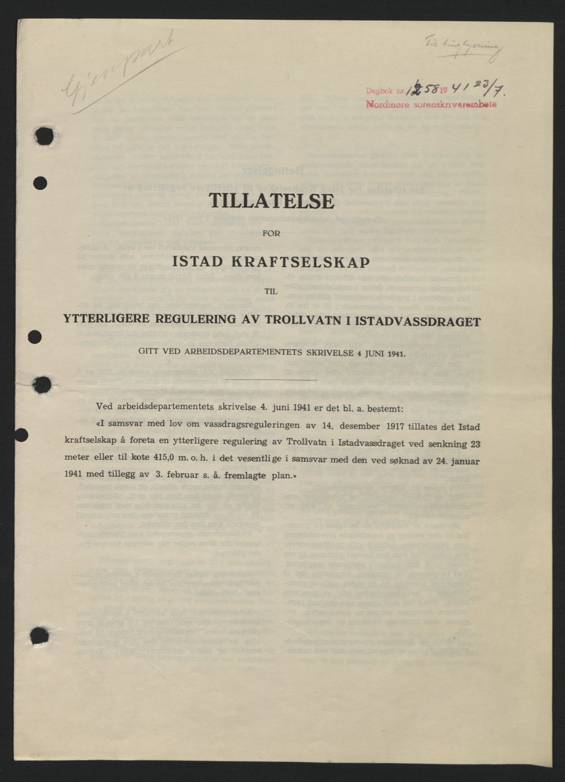 Nordmøre sorenskriveri, SAT/A-4132/1/2/2Ca: Pantebok nr. A90, 1941-1941, Dagboknr: 1265/1941