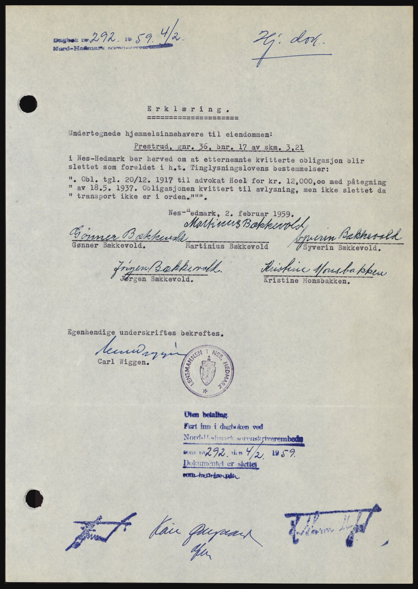 Nord-Hedmark sorenskriveri, SAH/TING-012/H/Hc/L0013: Pantebok nr. 13, 1959-1960, Dagboknr: 292/1959