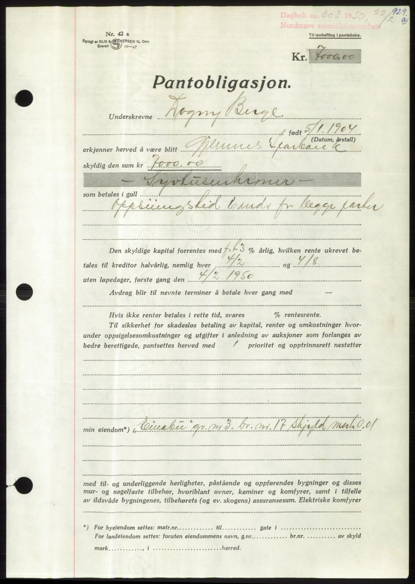 Nordmøre sorenskriveri, SAT/A-4132/1/2/2Ca: Pantebok nr. B103, 1949-1950, Dagboknr: 603/1950