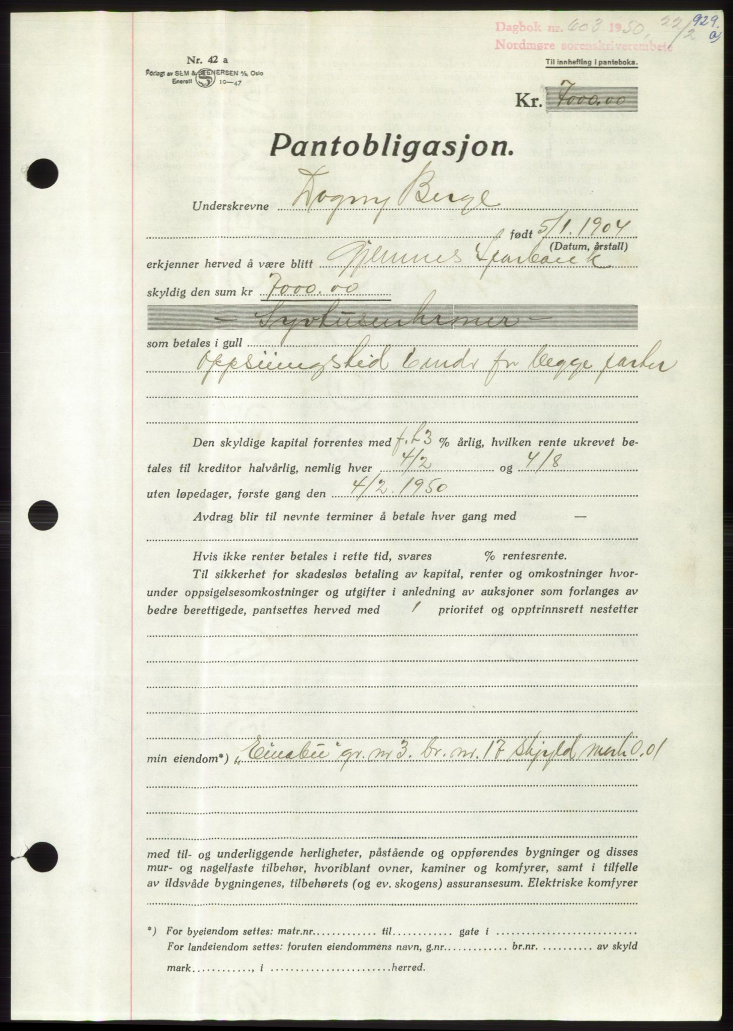 Nordmøre sorenskriveri, AV/SAT-A-4132/1/2/2Ca: Pantebok nr. B103, 1949-1950, Dagboknr: 603/1950