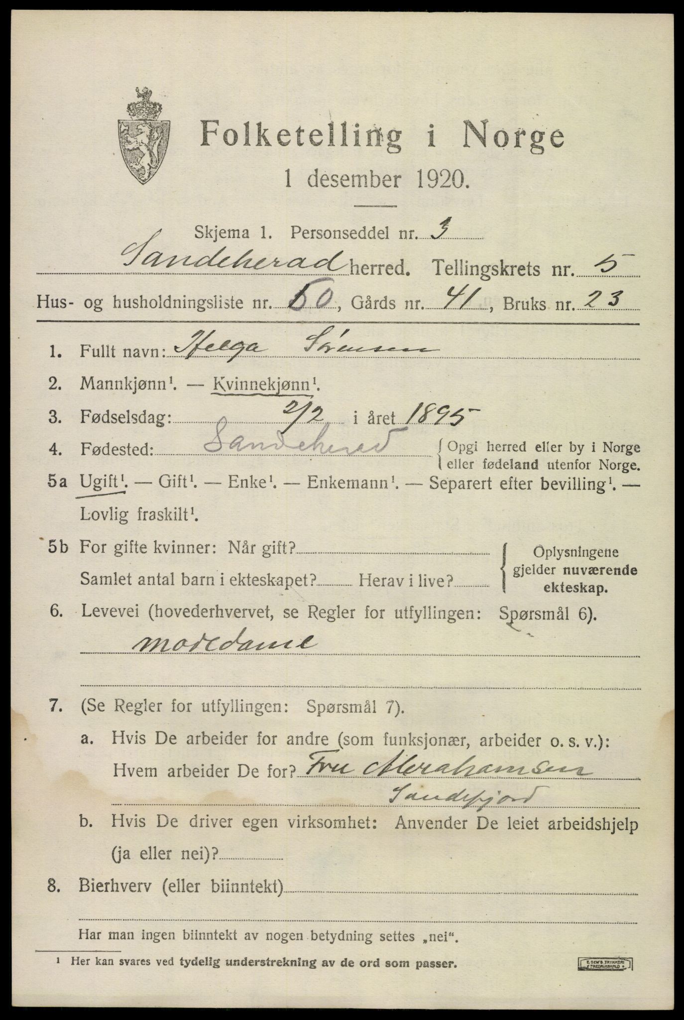 SAKO, Folketelling 1920 for 0724 Sandeherred herred, 1920, s. 8648