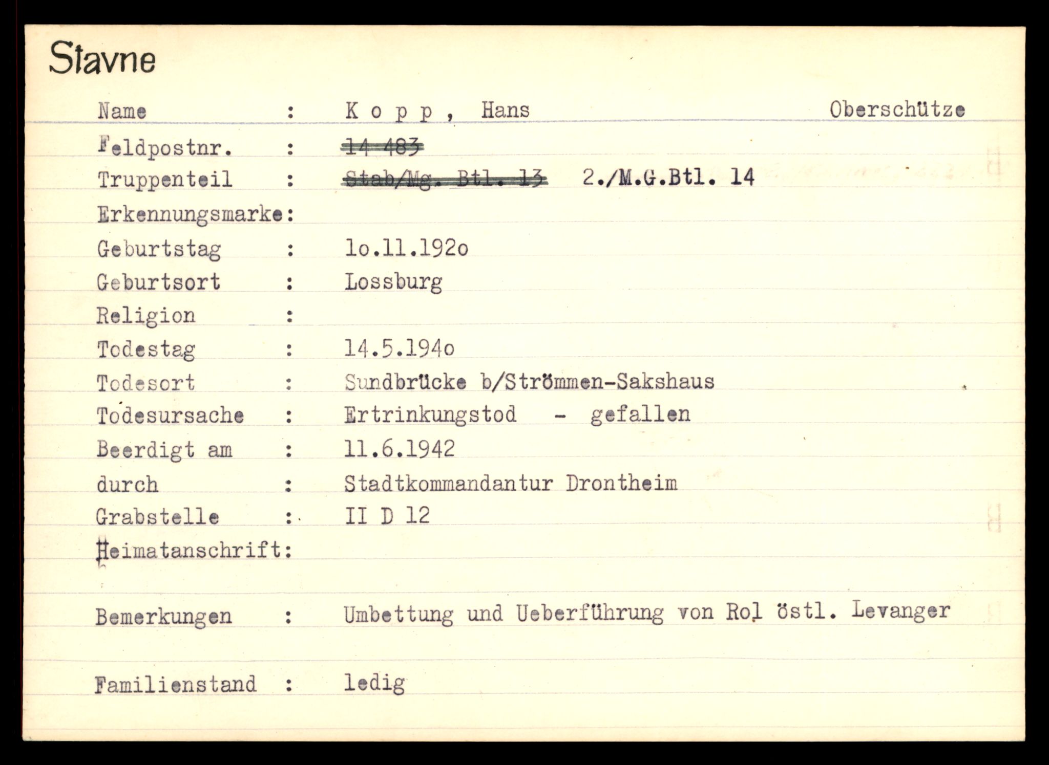 Distriktskontoret for krigsgraver, AV/SAT-A-5030/E/L0003: Kasett/kartotek over tysk Krigskirkegård Stavne, 1945, s. 725