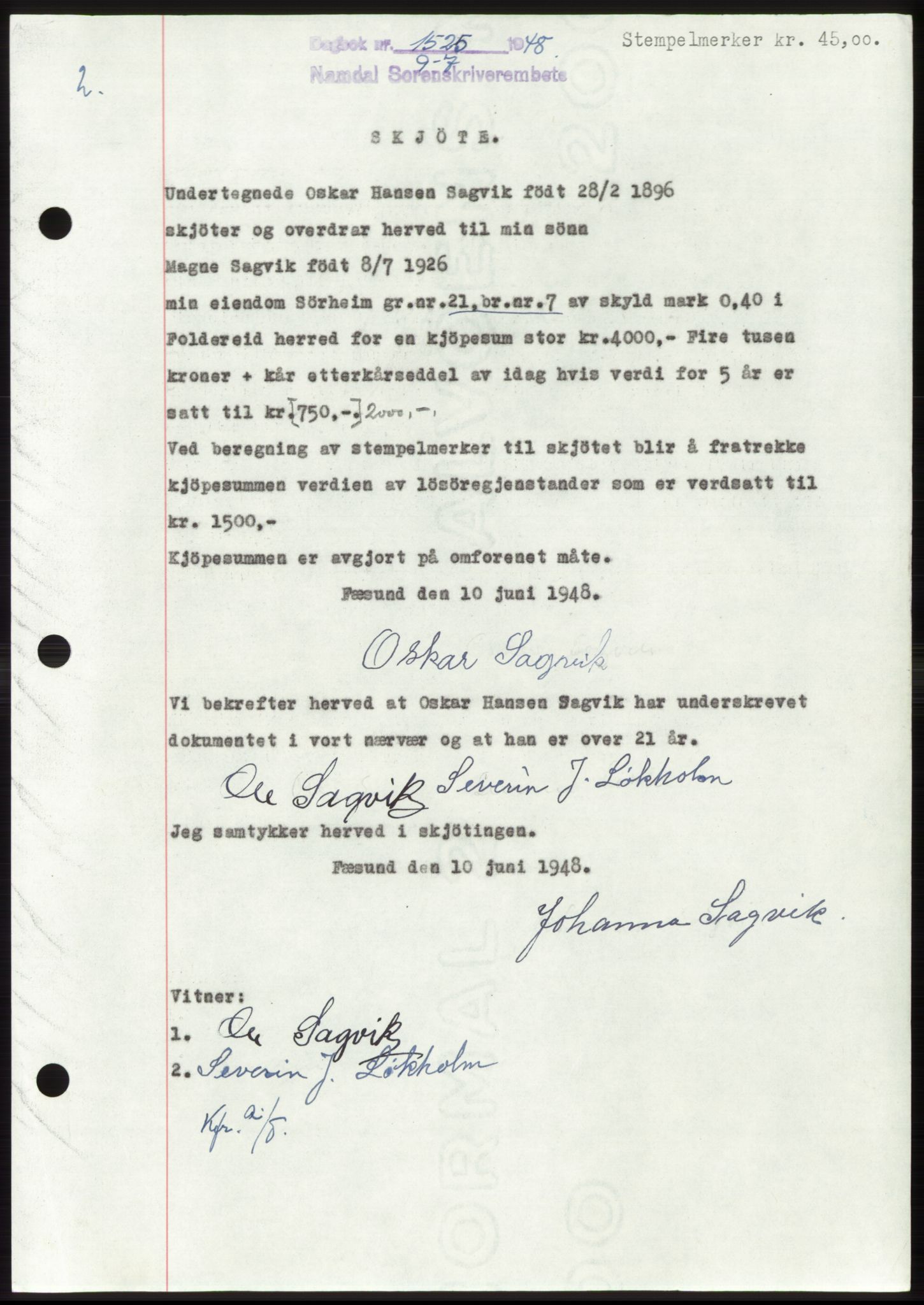 Namdal sorenskriveri, SAT/A-4133/1/2/2C: Pantebok nr. -, 1948-1948, Dagboknr: 1525/1948