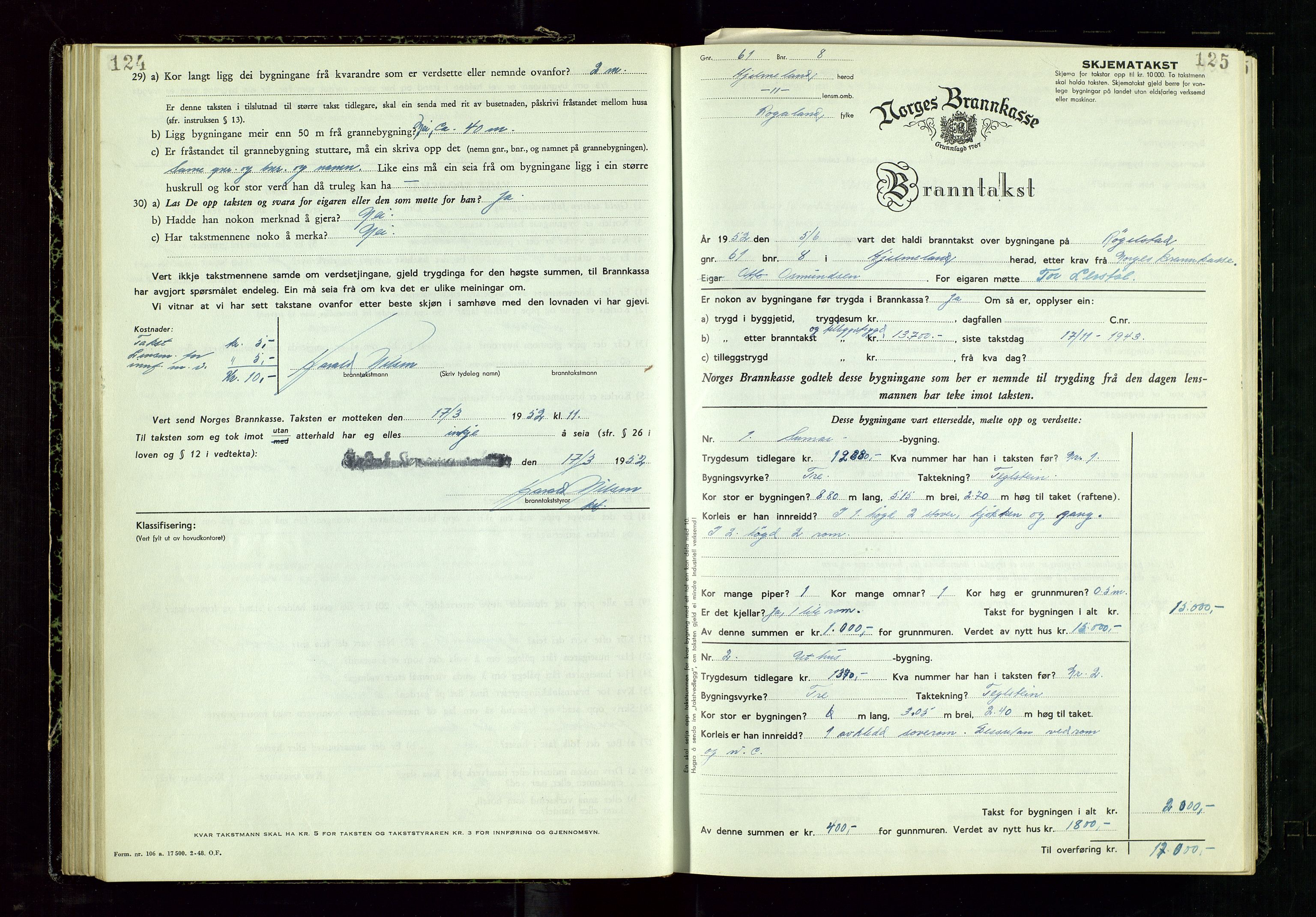Årdal lensmannskontor, SAST/A-100453/Gob/L0002: "Brandtaxationsprotokol", 1950-1955, s. 124-125