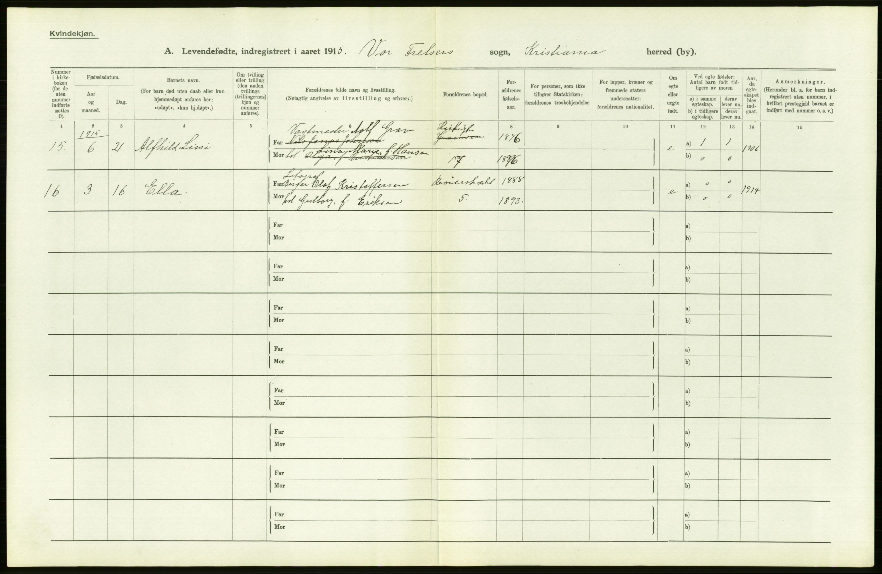 Statistisk sentralbyrå, Sosiodemografiske emner, Befolkning, AV/RA-S-2228/D/Df/Dfb/Dfbe/L0007: Kristiania: Levendefødte menn og kvinner., 1915, s. 450