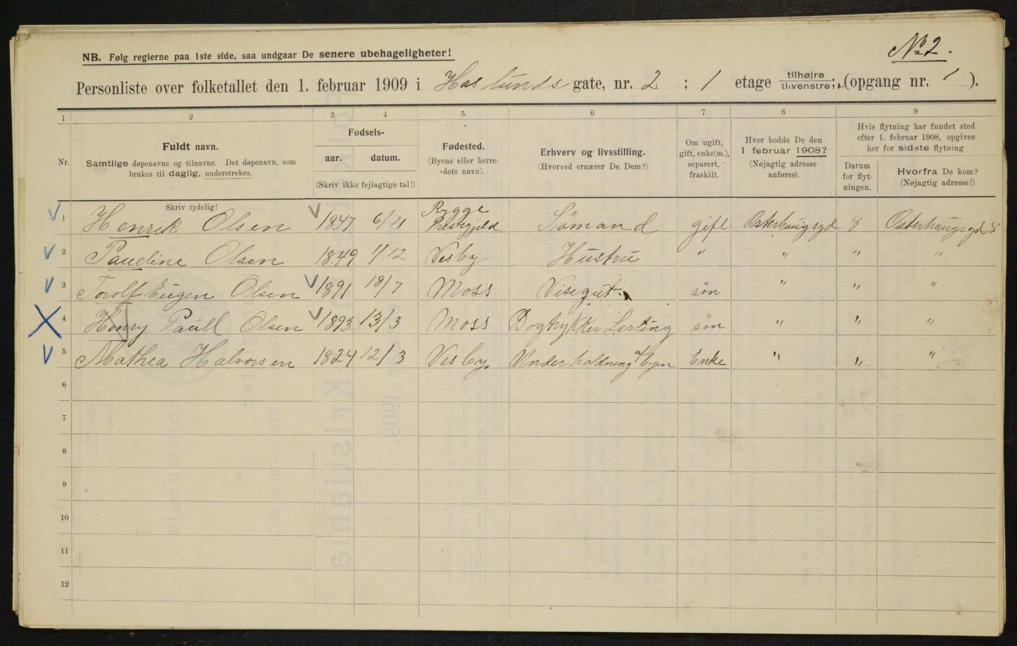OBA, Kommunal folketelling 1.2.1909 for Kristiania kjøpstad, 1909, s. 24216