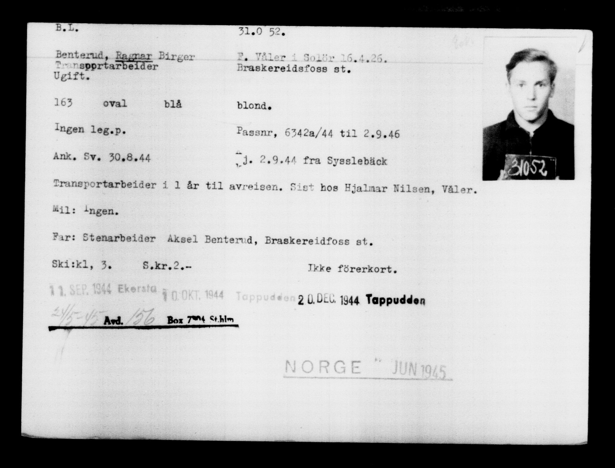 Utenriksstasjonene, Legasjonen i Stockholm, Flyktningkontoret, AV/RA-S-6753/V/Va/L0012: Kjesäterkartoteket, flyktninger med registreringsnr. 28300-31566, 1940-1945, s. 2984