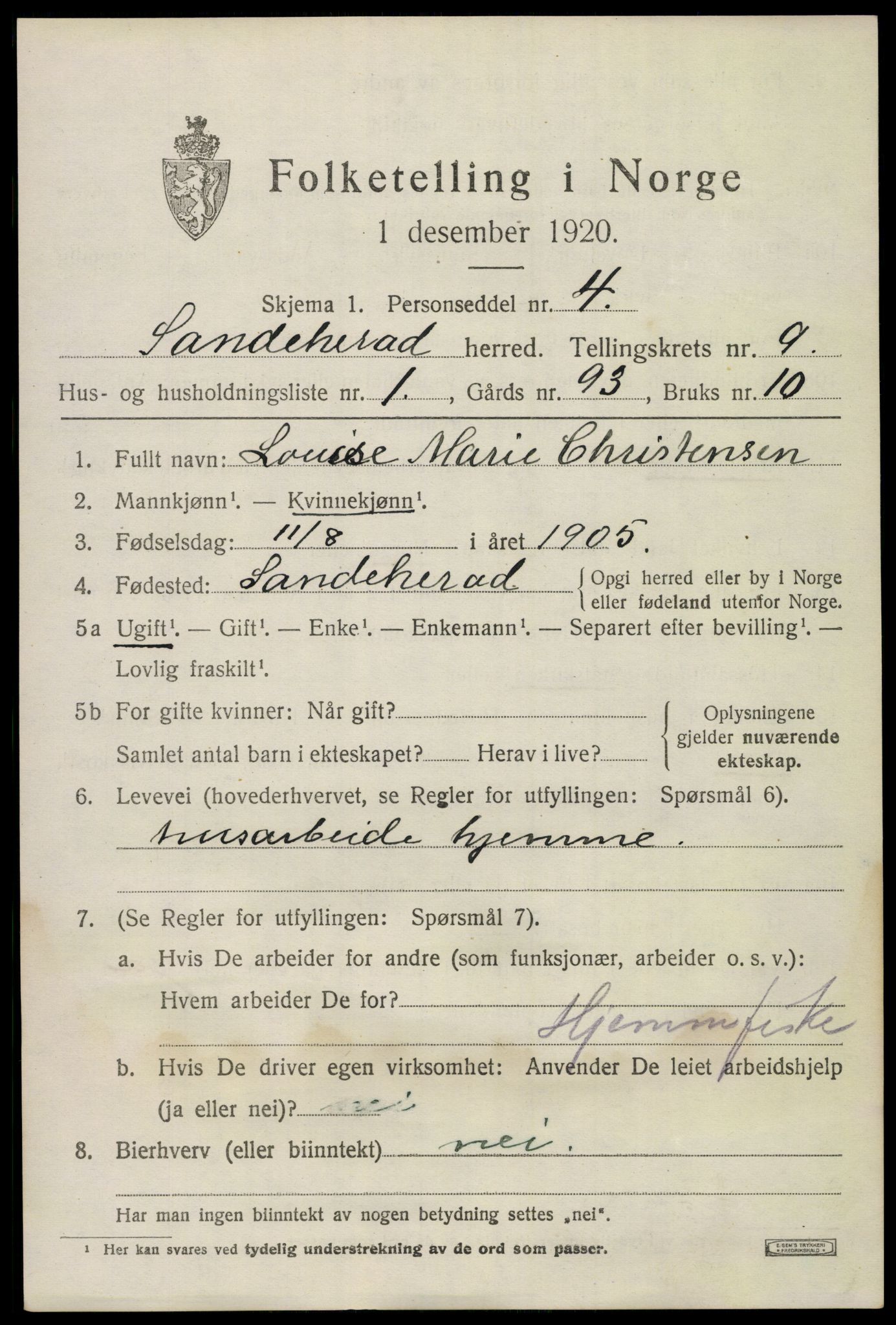 SAKO, Folketelling 1920 for 0724 Sandeherred herred, 1920, s. 14284