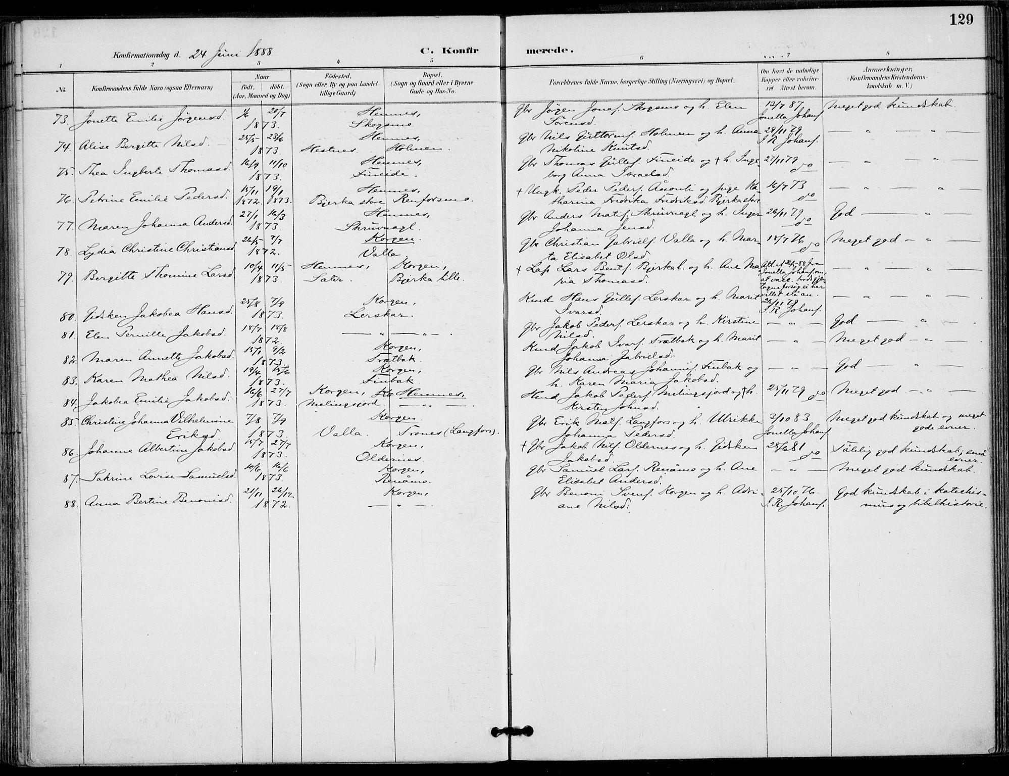 Ministerialprotokoller, klokkerbøker og fødselsregistre - Nordland, SAT/A-1459/825/L0362: Ministerialbok nr. 825A16, 1886-1908, s. 129