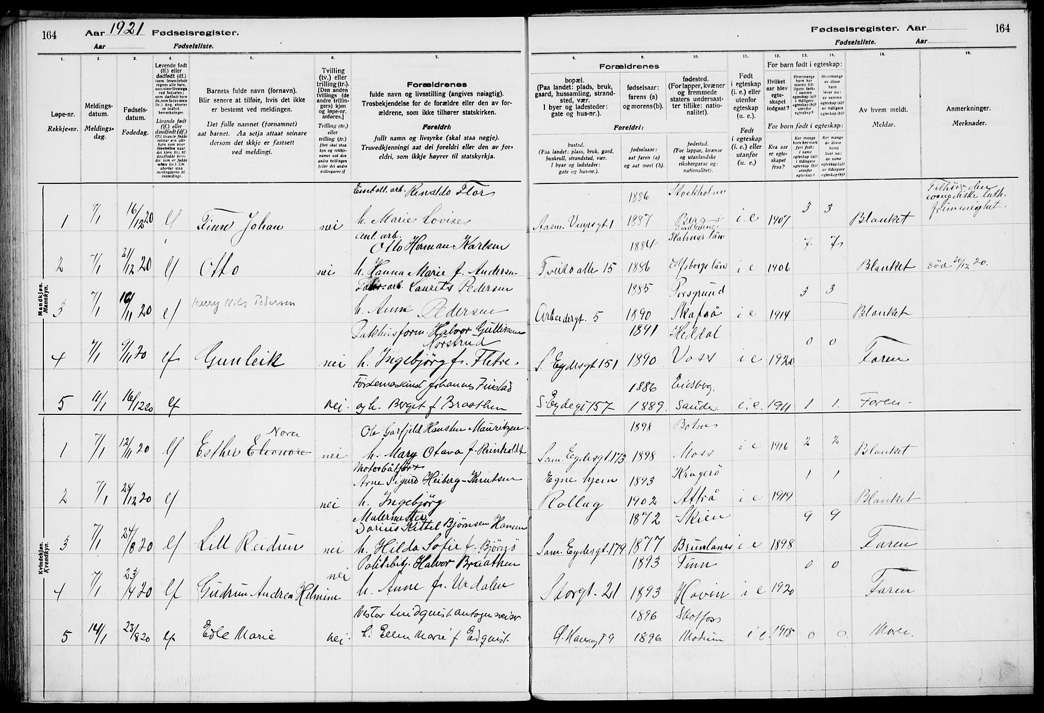 Rjukan kirkebøker, AV/SAKO-A-294/J/Ja/L0001: Fødselsregister nr. 1, 1916-1922, s. 164