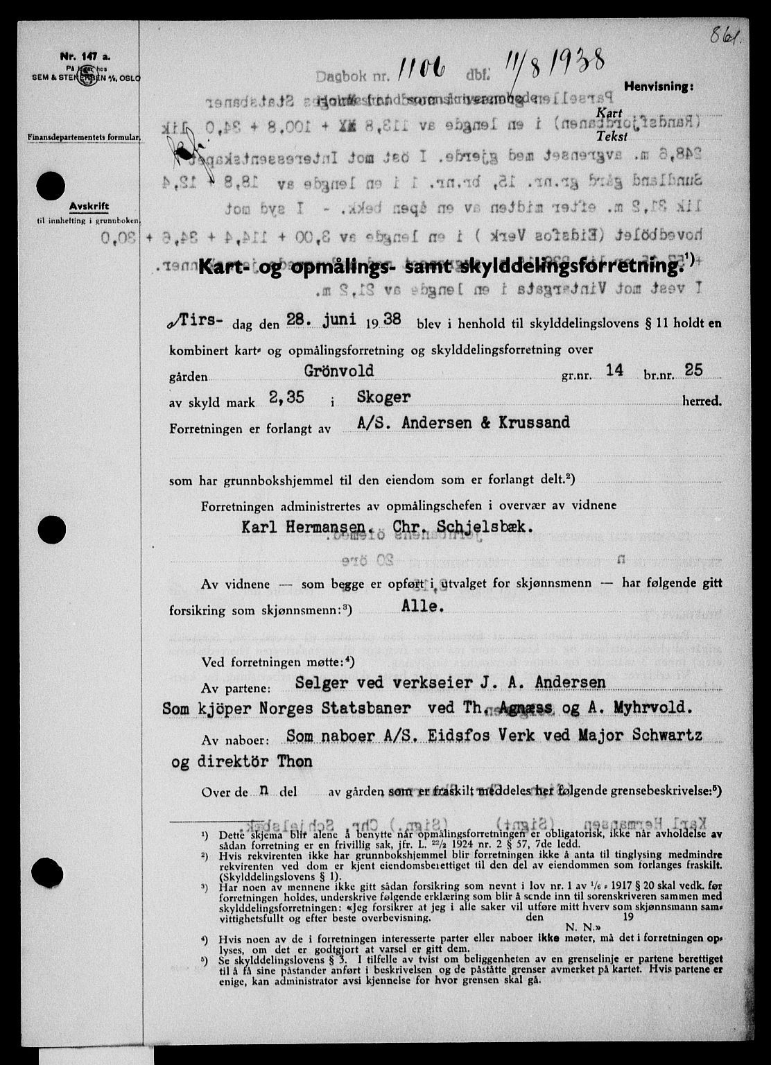 Holmestrand sorenskriveri, SAKO/A-67/G/Ga/Gaa/L0049: Pantebok nr. A-49, 1937-1938, Dagboknr: 1106/1938