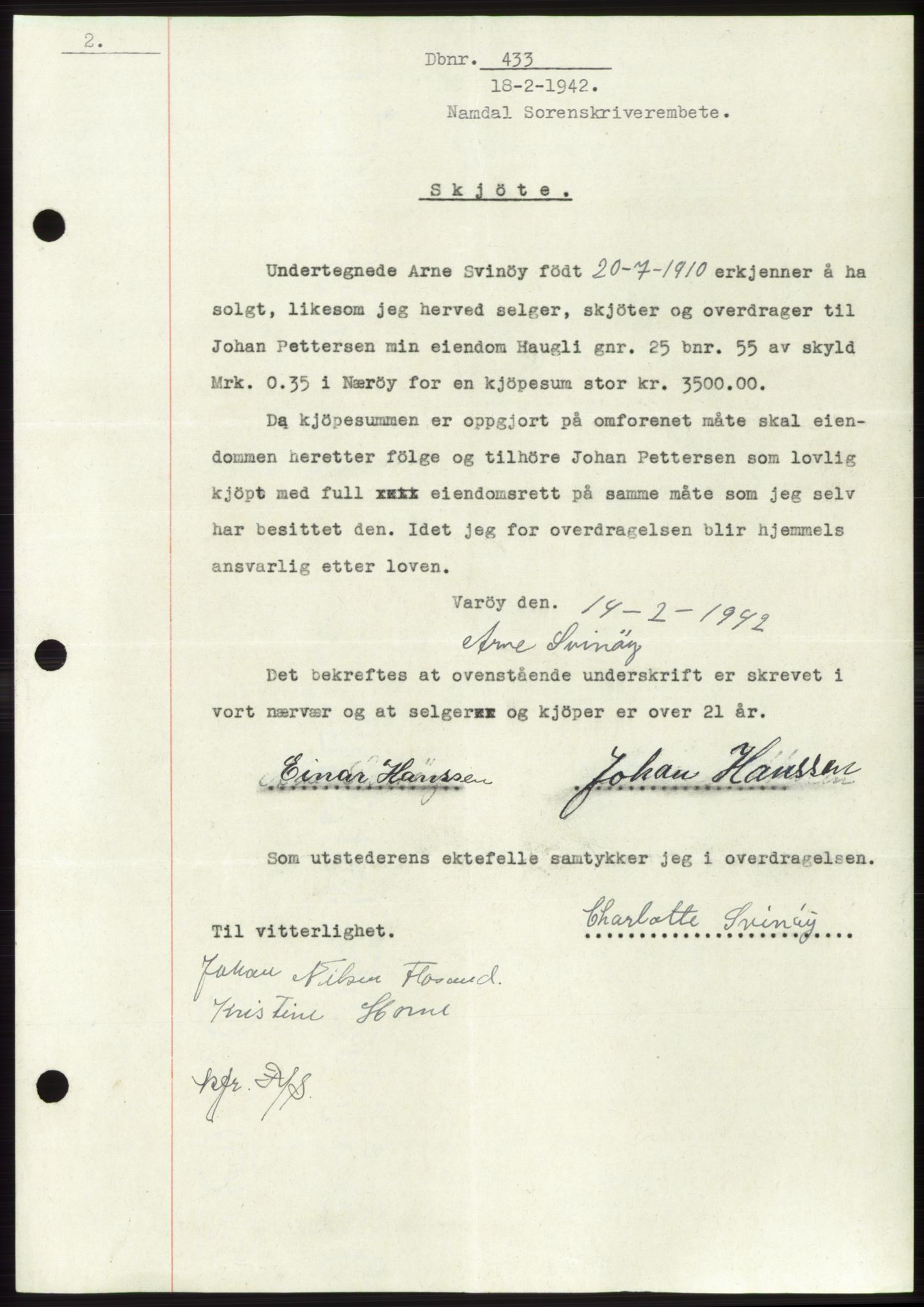 Namdal sorenskriveri, SAT/A-4133/1/2/2C: Pantebok nr. -, 1941-1942, Dagboknr: 433/1942