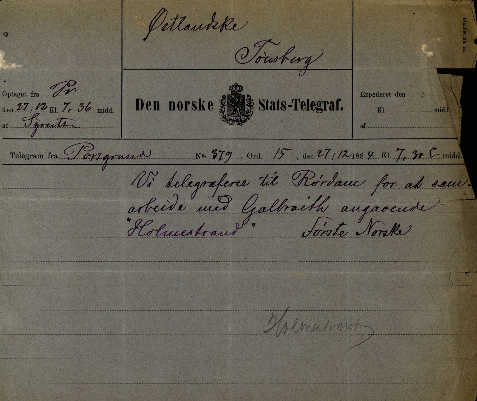 Pa 63 - Østlandske skibsassuranceforening, VEMU/A-1079/G/Ga/L0017/0013: Havaridokumenter / Diaz, Holmestrand, Kalliope, Olaf Trygvason, Norafjeld, 1884, s. 32