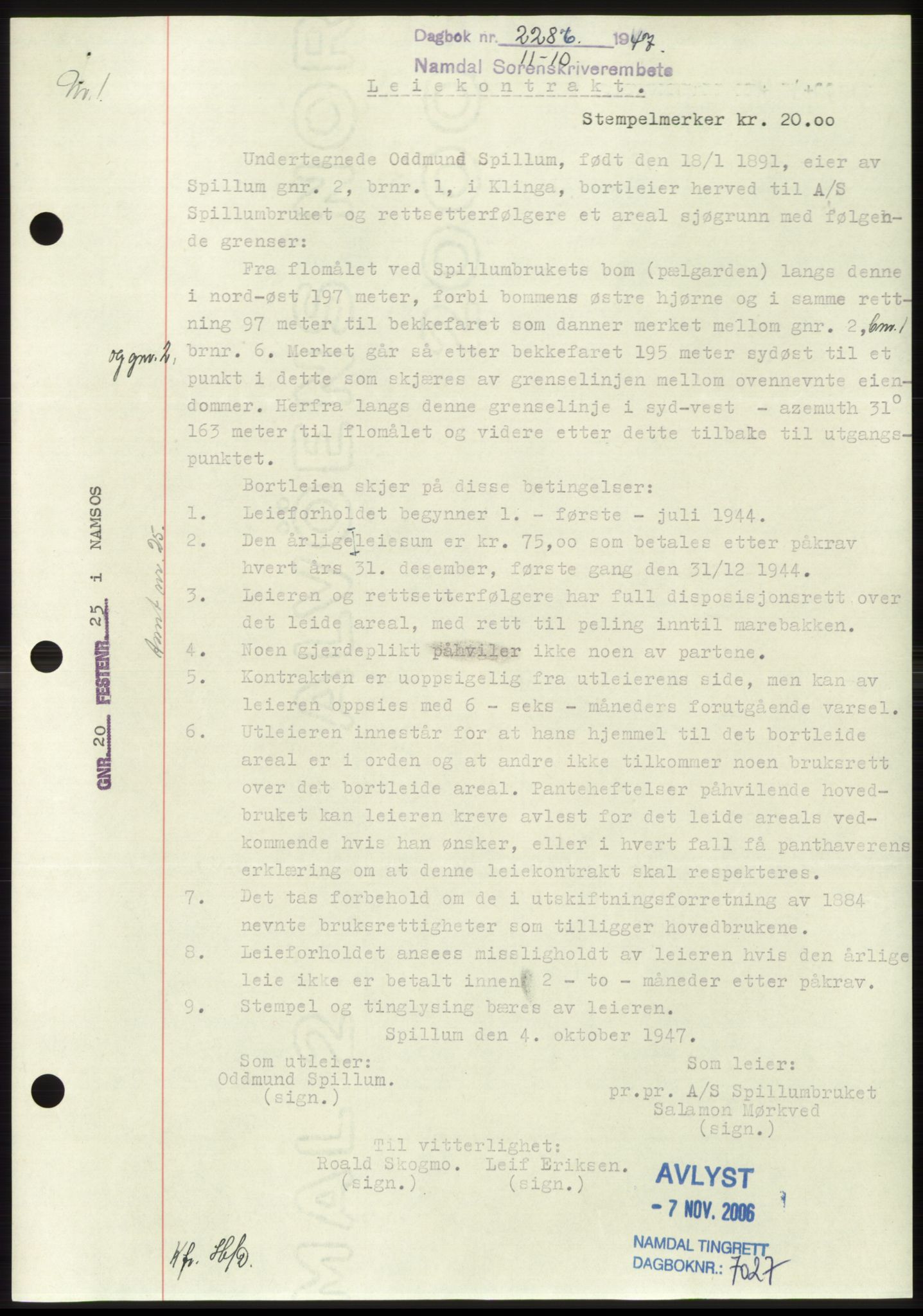 Namdal sorenskriveri, SAT/A-4133/1/2/2C: Pantebok nr. -, 1947-1947, Dagboknr: 2286/1947