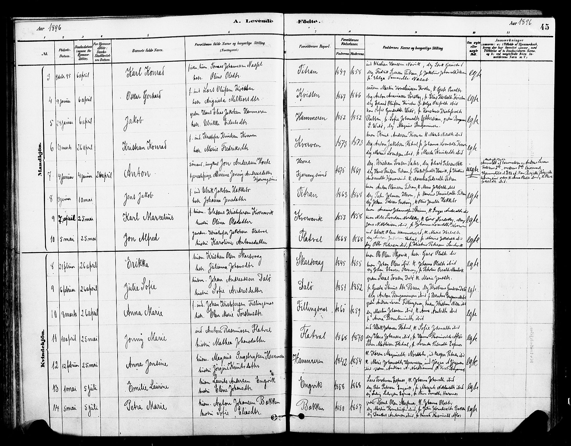 Ministerialprotokoller, klokkerbøker og fødselsregistre - Sør-Trøndelag, AV/SAT-A-1456/641/L0595: Ministerialbok nr. 641A01, 1882-1897, s. 45