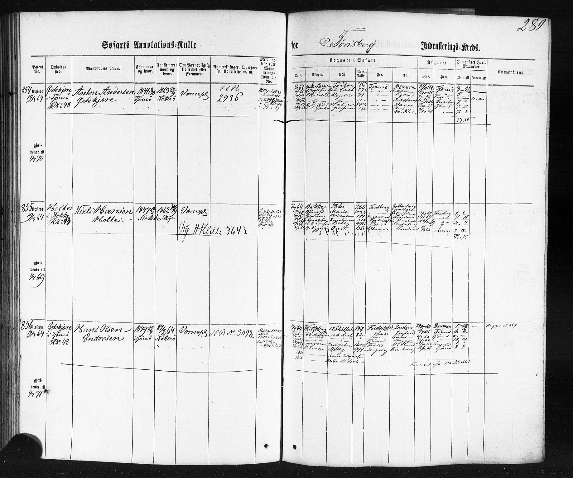 Tønsberg innrulleringskontor, AV/SAKO-A-786/F/Fb/L0001: Annotasjonsrulle Patent nr. 1-1724, 1860-1868, s. 303