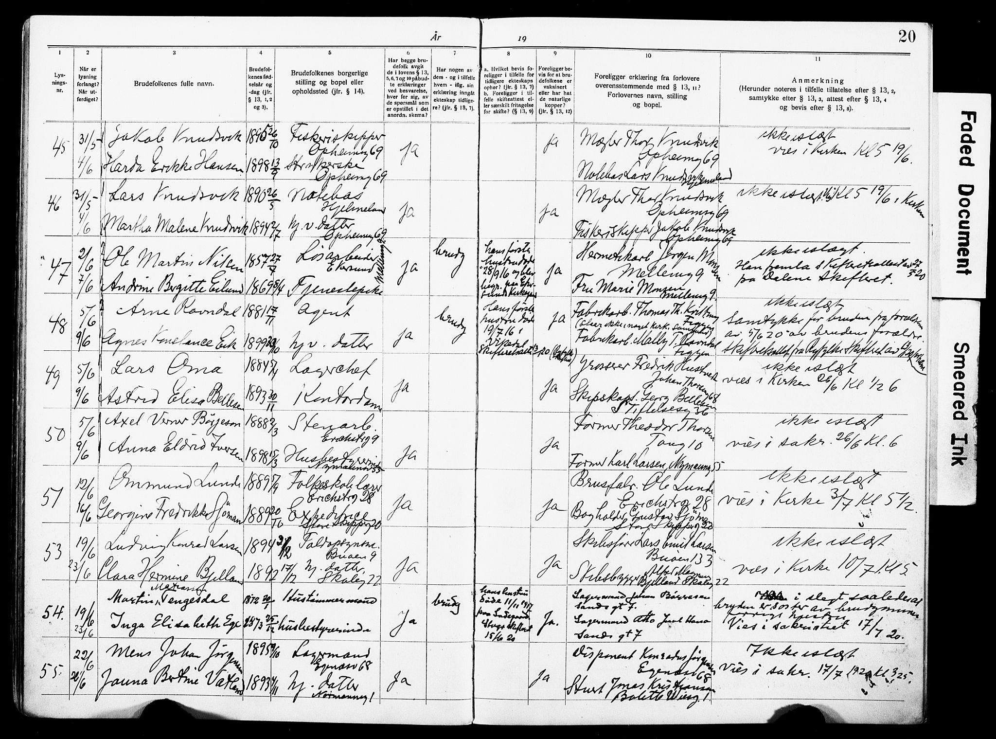 St. Johannes sokneprestkontor, AV/SAST-A-101814/001/70/705BA/L0004: Lysningsprotokoll nr. 4, 1919-1928, s. 20
