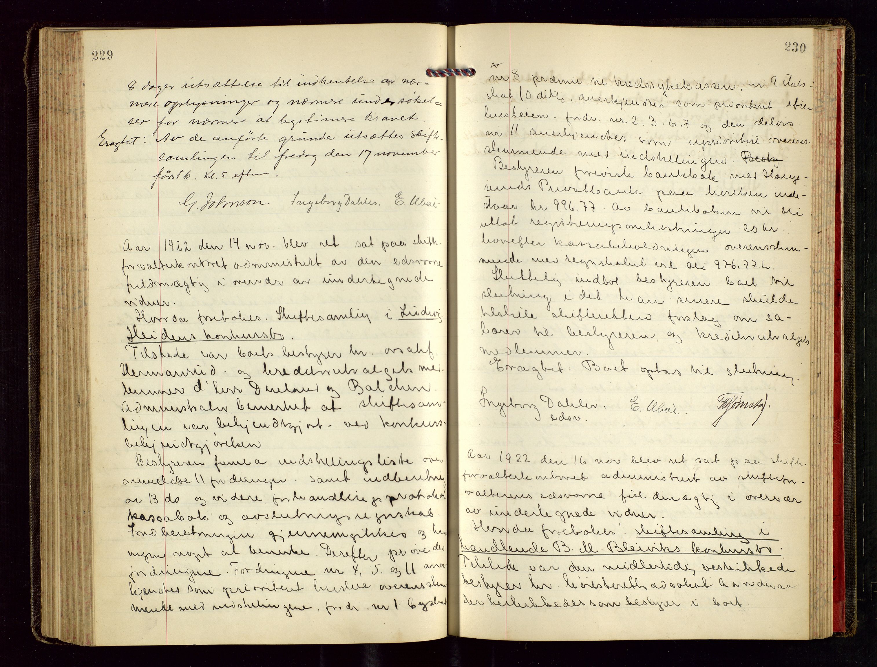 Haugesund tingrett, AV/SAST-A-101415/01/IV/IVC/L0003: Skifteforhandlingsprotokoll, med register, 1921-1923, s. 229-230