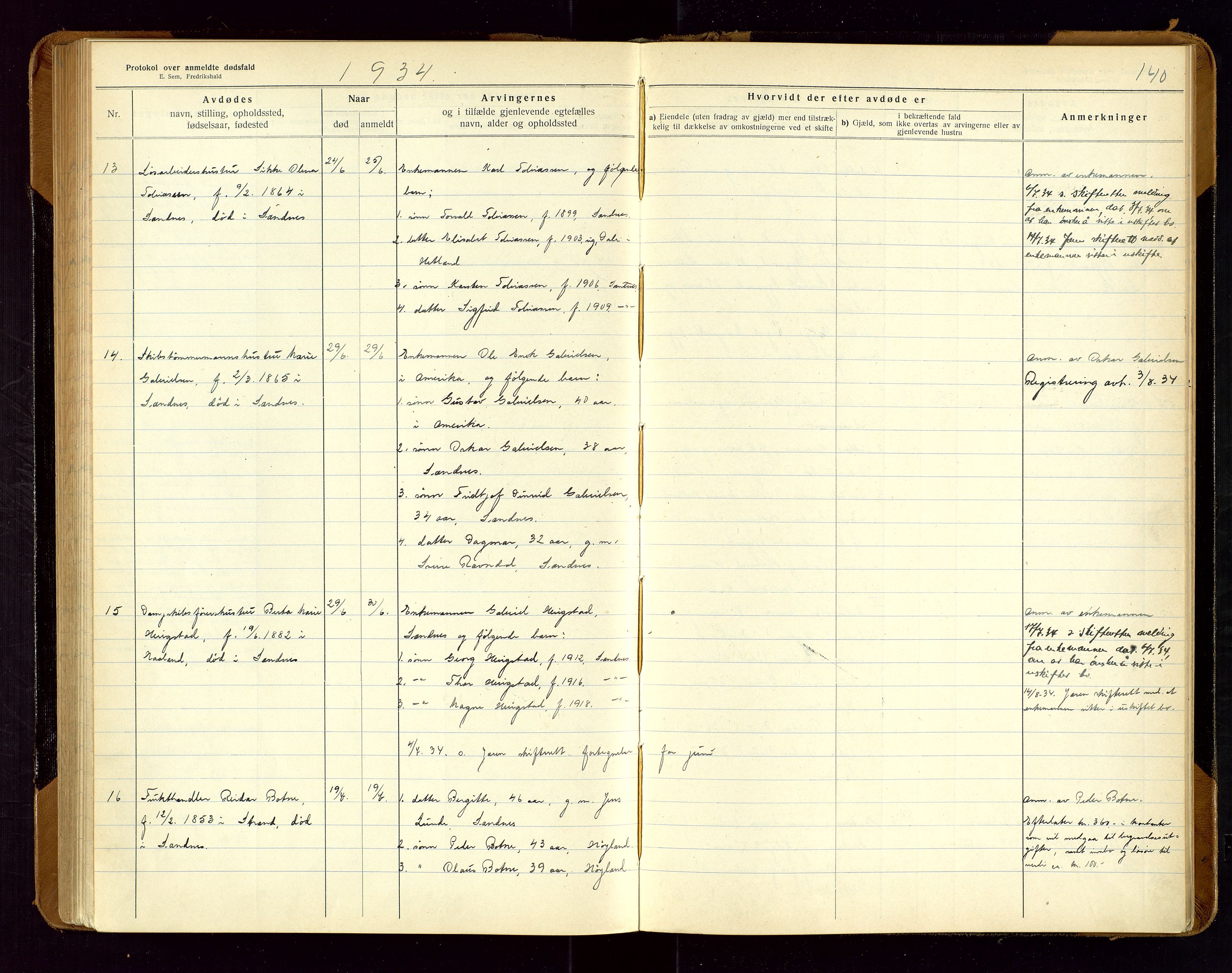 Sandnes lensmannskontor, AV/SAST-A-100167/Gga/L0001: "Protokol over anmeldte dødsfald" m/register, 1918-1940, s. 140