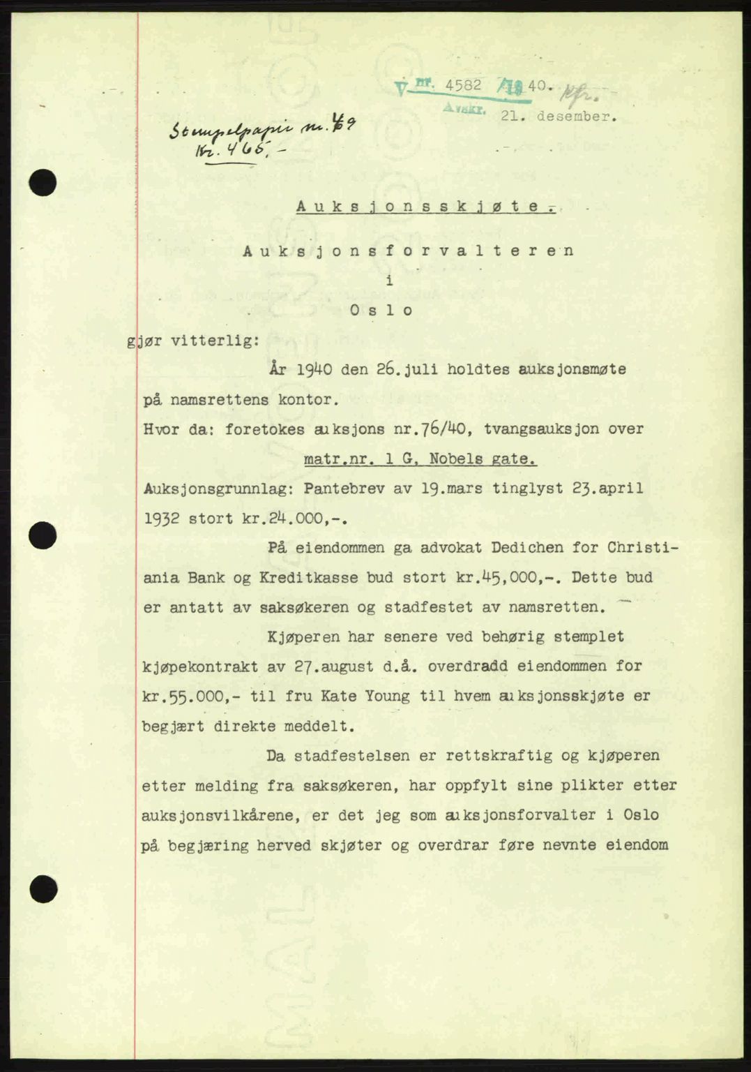 Oslo byskriverembete, SAO/A-10227/G/Gb/Gbb/Gbbb/L0005: Pantebok nr. VA5, 1939-1941, Dagboknr: 4582/1940