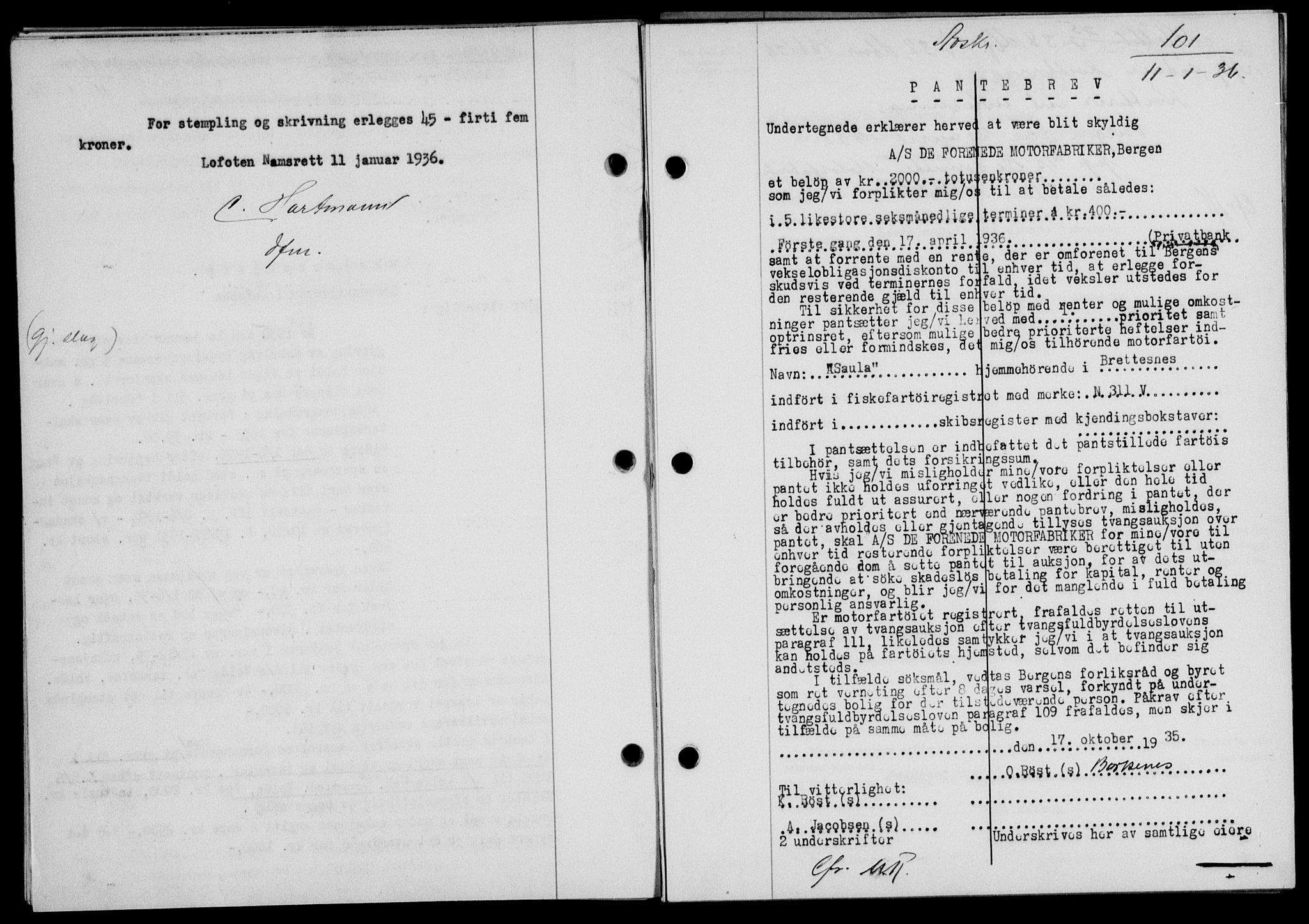 Lofoten sorenskriveri, SAT/A-0017/1/2/2C/L0033b: Pantebok nr. 33b, 1936-1936, Dagboknr: 101/1936