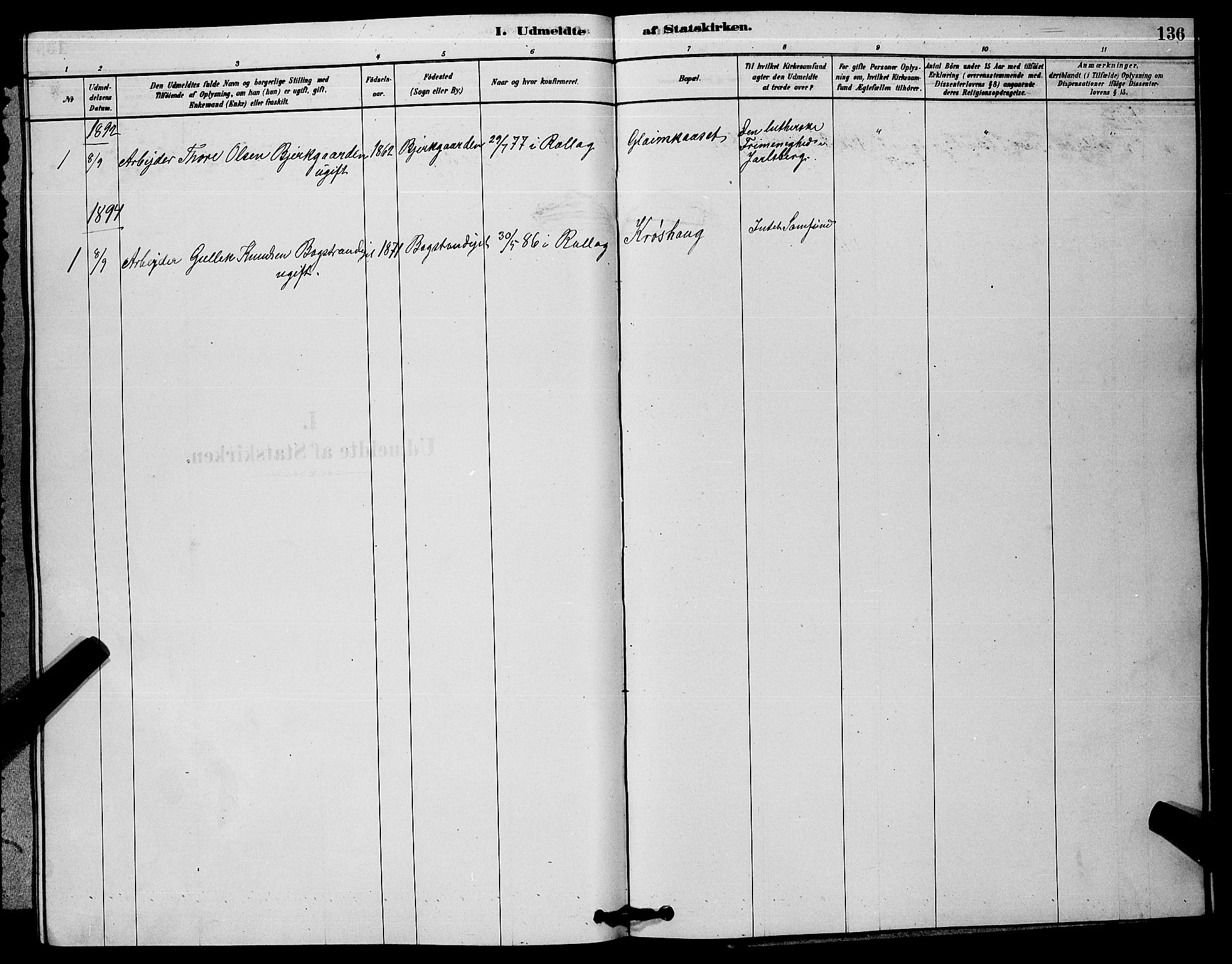 Rollag kirkebøker, AV/SAKO-A-240/G/Gb/L0002: Klokkerbok nr. II 2, 1878-1898, s. 136