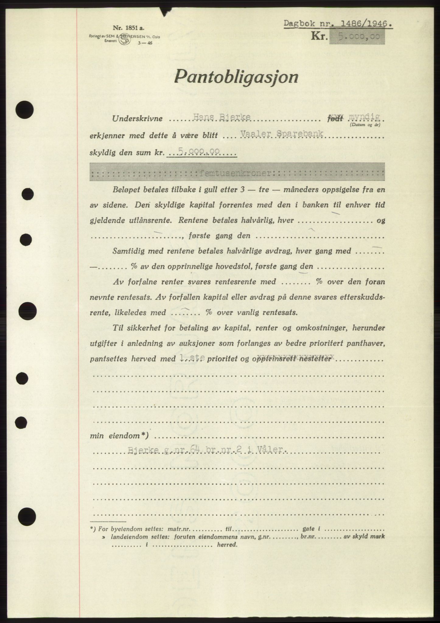 Moss sorenskriveri, SAO/A-10168: Pantebok nr. B15, 1946-1946, Dagboknr: 1486/1946