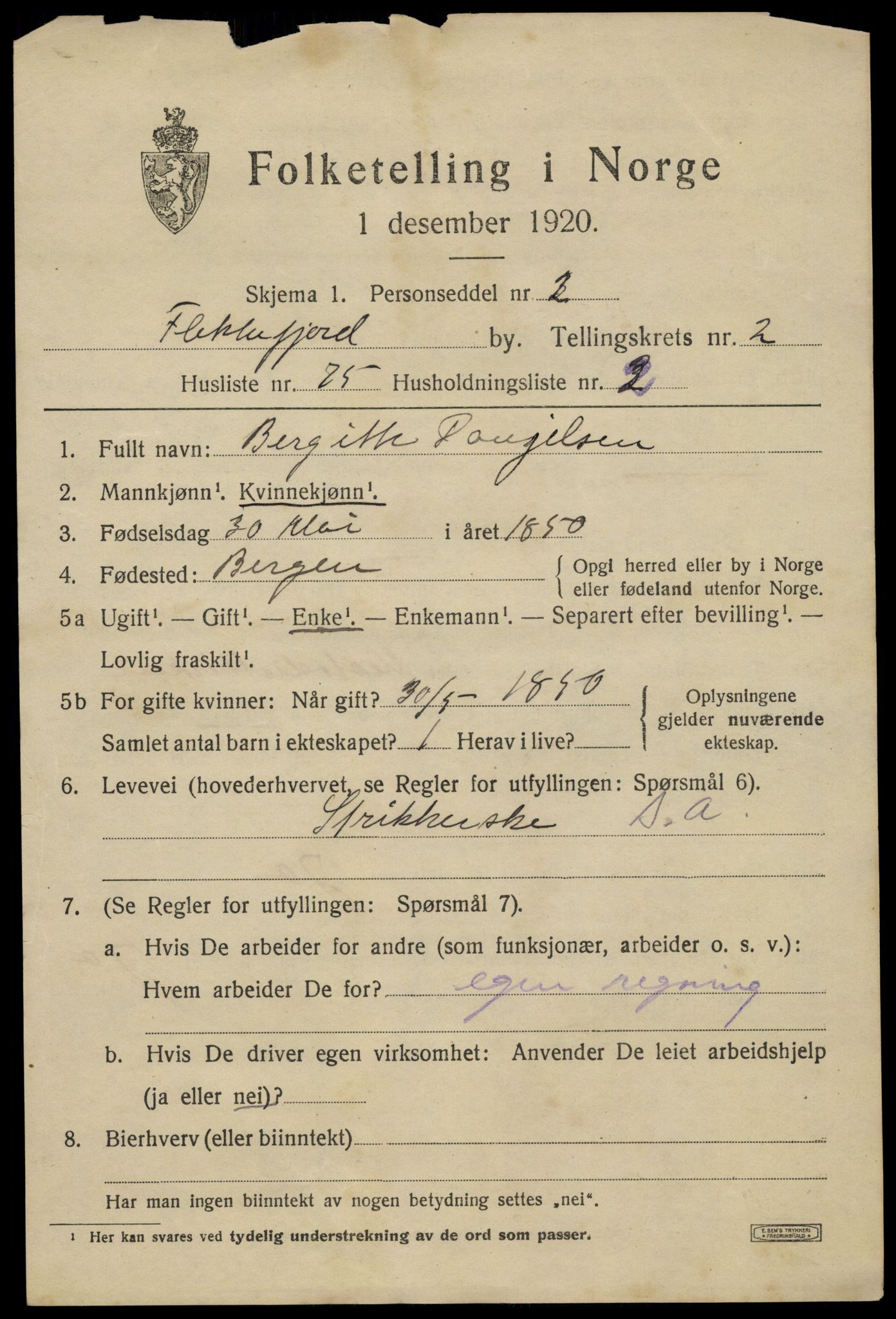SAK, Folketelling 1920 for 1004 Flekkefjord kjøpstad, 1920, s. 3396
