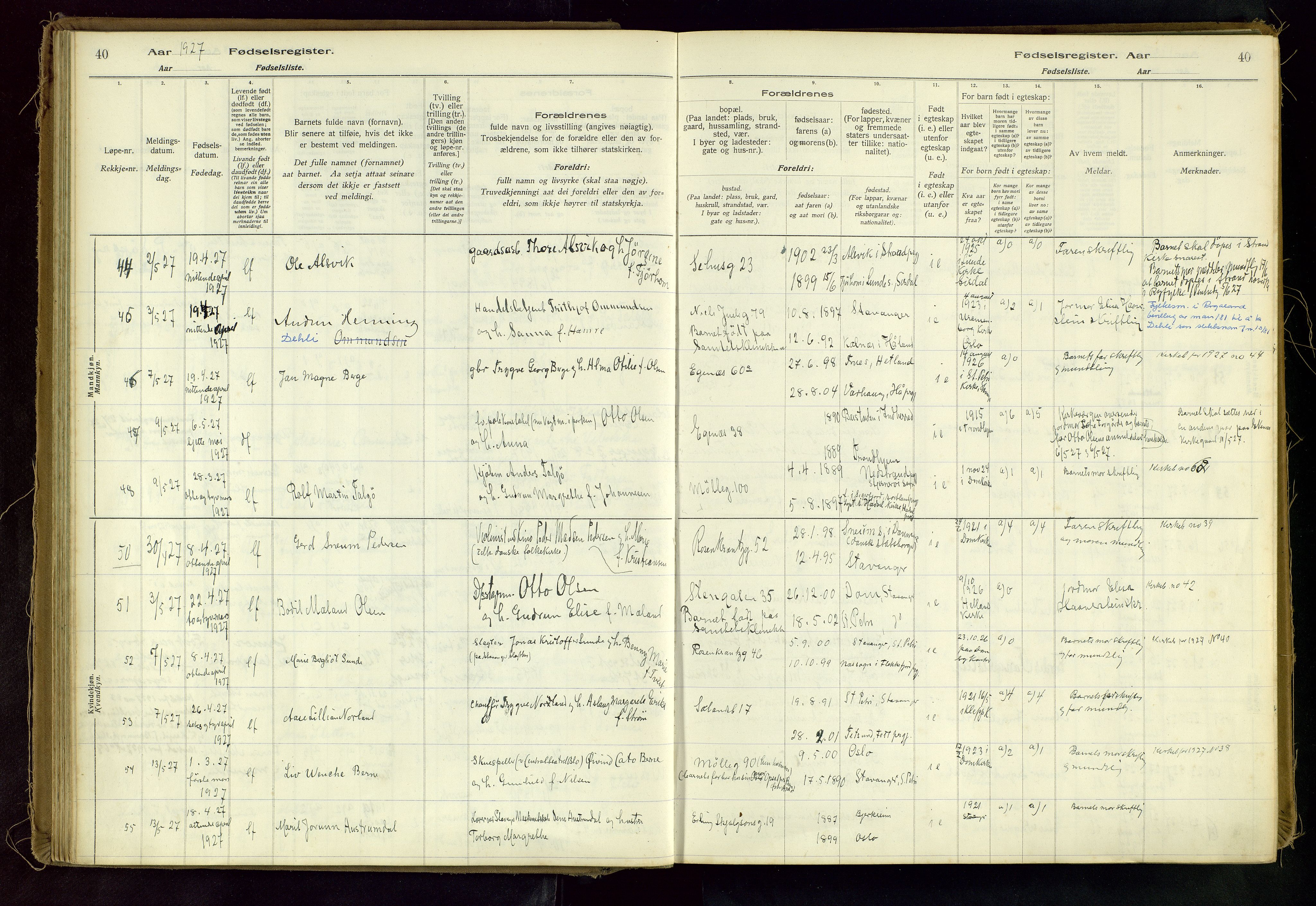 Domkirken sokneprestkontor, AV/SAST-A-101812/002/A/L0001: Fødselsregister nr. 1, 1925-1932, s. 40