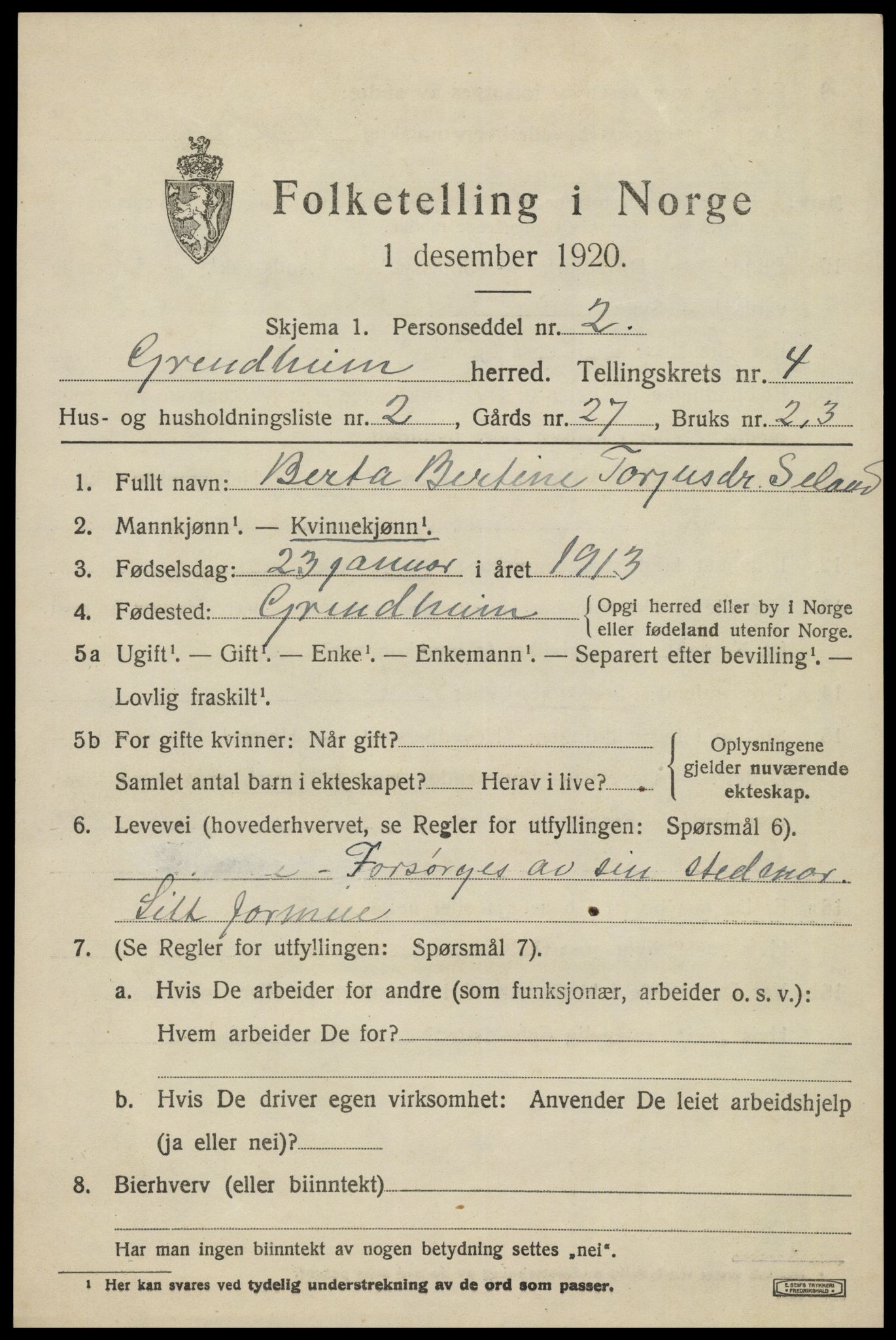 SAK, Folketelling 1920 for 1025 Grindheim herred, 1920, s. 1423