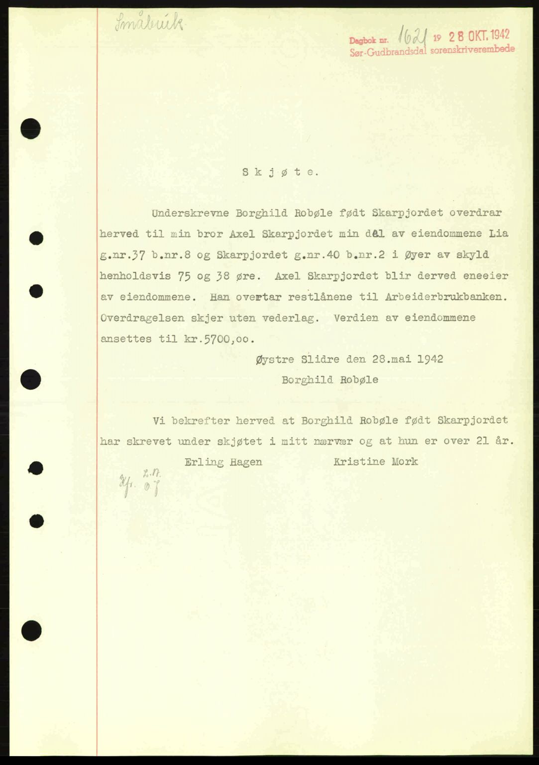 Sør-Gudbrandsdal tingrett, SAH/TING-004/H/Hb/Hbd/L0011: Pantebok nr. A11, 1942-1943, Dagboknr: 1621/1942
