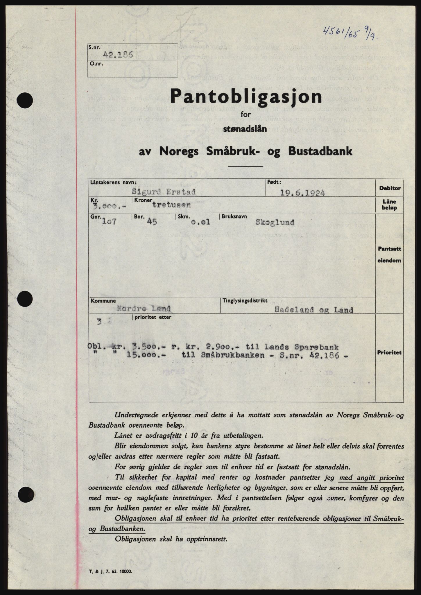 Hadeland og Land tingrett, SAH/TING-010/H/Hb/Hbc/L0060: Pantebok nr. B60, 1965-1965, Dagboknr: 4561/1965