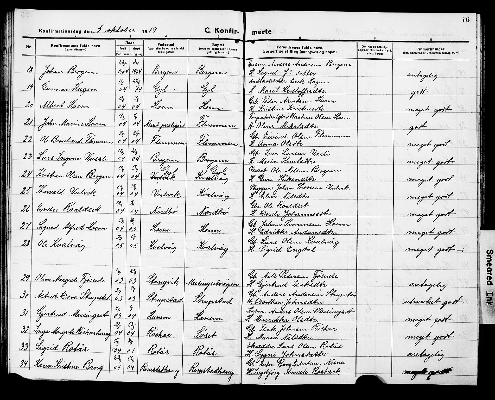 Ministerialprotokoller, klokkerbøker og fødselsregistre - Møre og Romsdal, AV/SAT-A-1454/586/L0994: Klokkerbok nr. 586C05, 1919-1927, s. 76