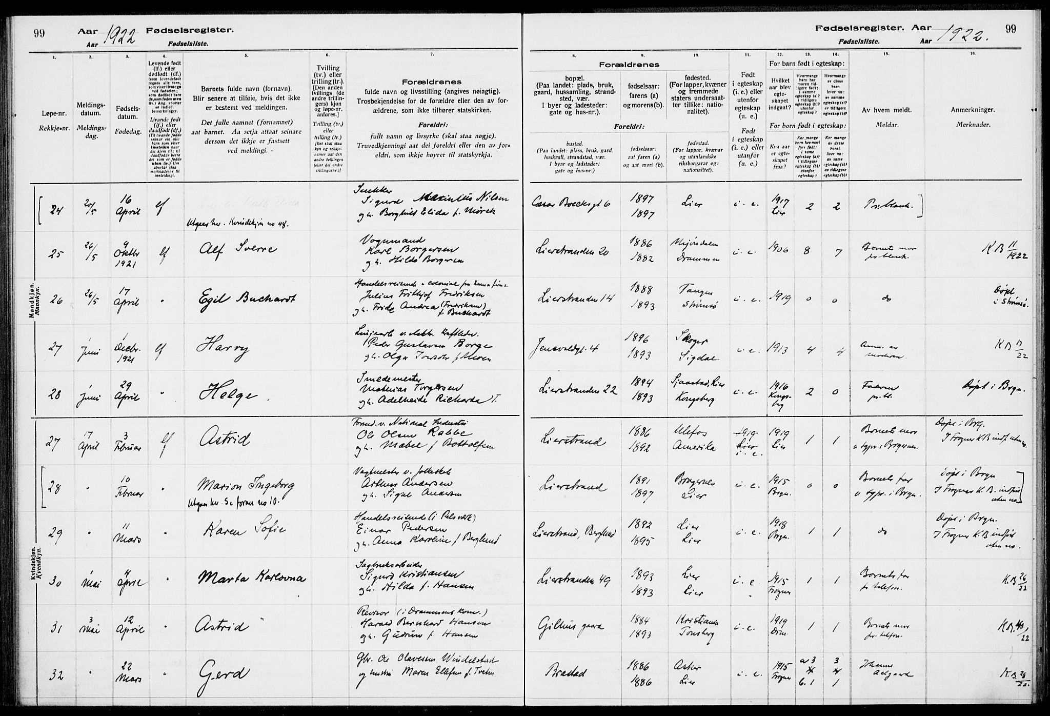 Lier kirkebøker, AV/SAKO-A-230/J/Ja/L0001: Fødselsregister nr. 1, 1916-1928, s. 99