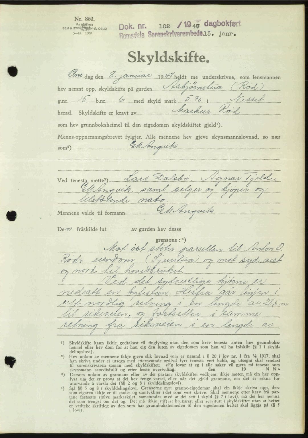 Romsdal sorenskriveri, SAT/A-4149/1/2/2C: Pantebok nr. A22, 1947-1947, Dagboknr: 102/1947