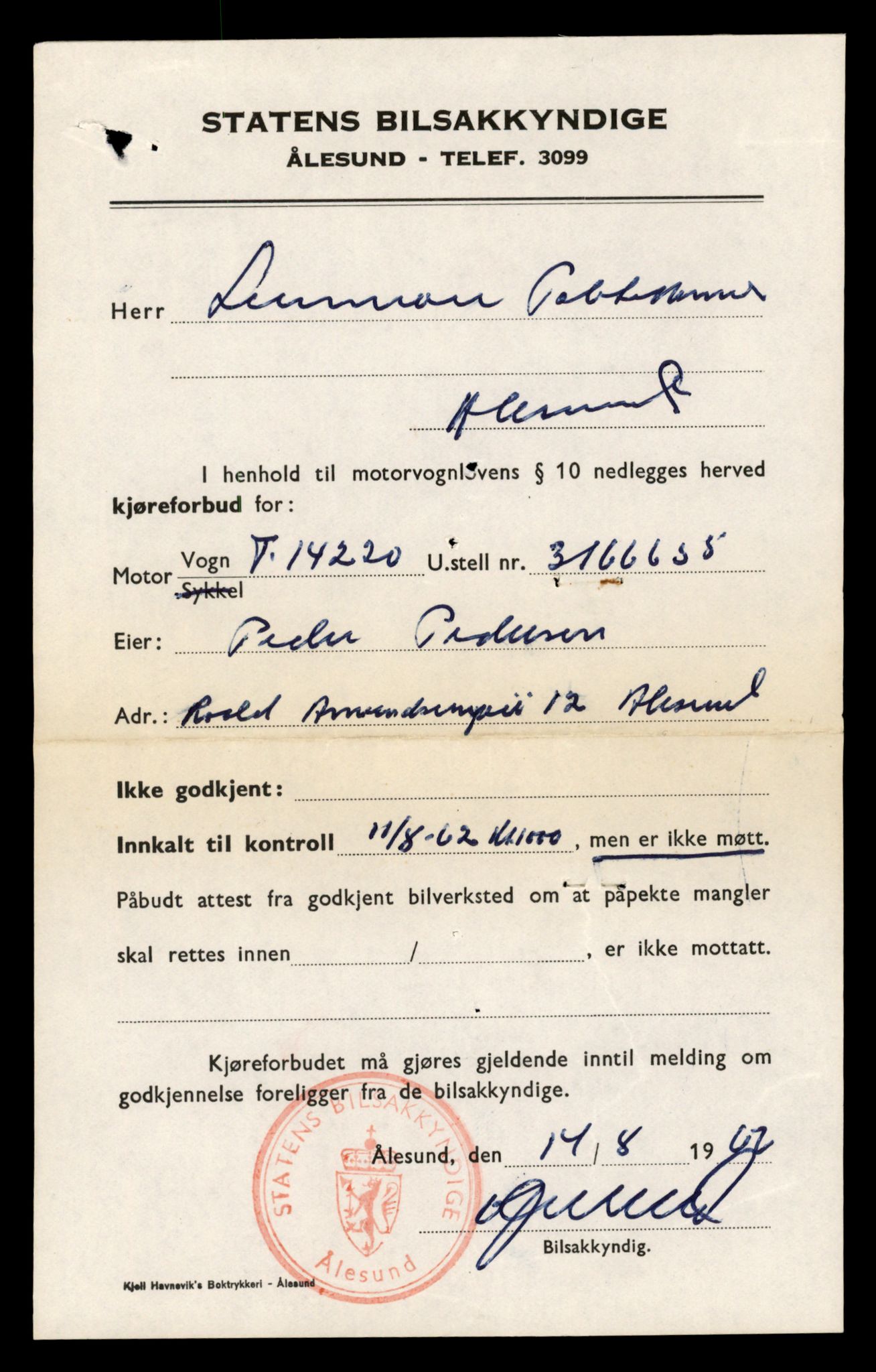 Møre og Romsdal vegkontor - Ålesund trafikkstasjon, AV/SAT-A-4099/F/Fe/L0044: Registreringskort for kjøretøy T 14205 - T 14319, 1927-1998, s. 516