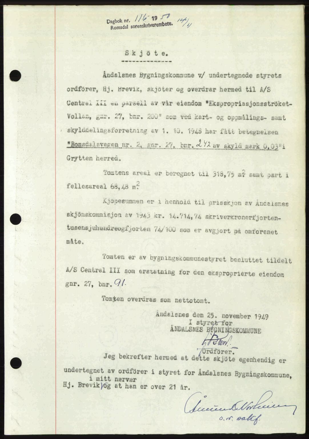 Romsdal sorenskriveri, SAT/A-4149/1/2/2C: Pantebok nr. A32, 1950-1950, Dagboknr: 116/1950
