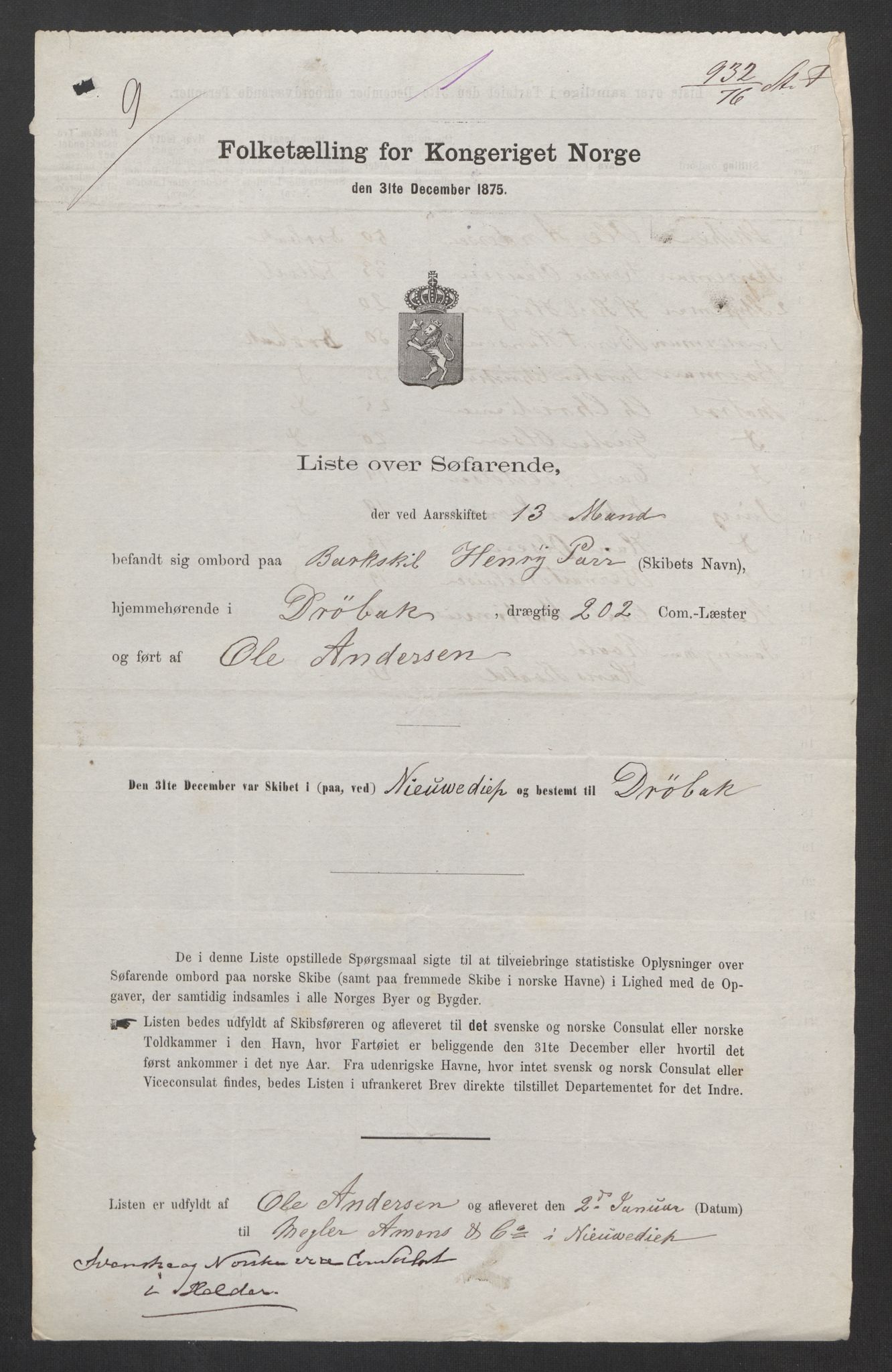 RA, Folketelling 1875, skipslister: Skip i utenrikske havner, hjemmehørende i byer og ladesteder, Fredrikshald - Arendal, 1875, s. 100