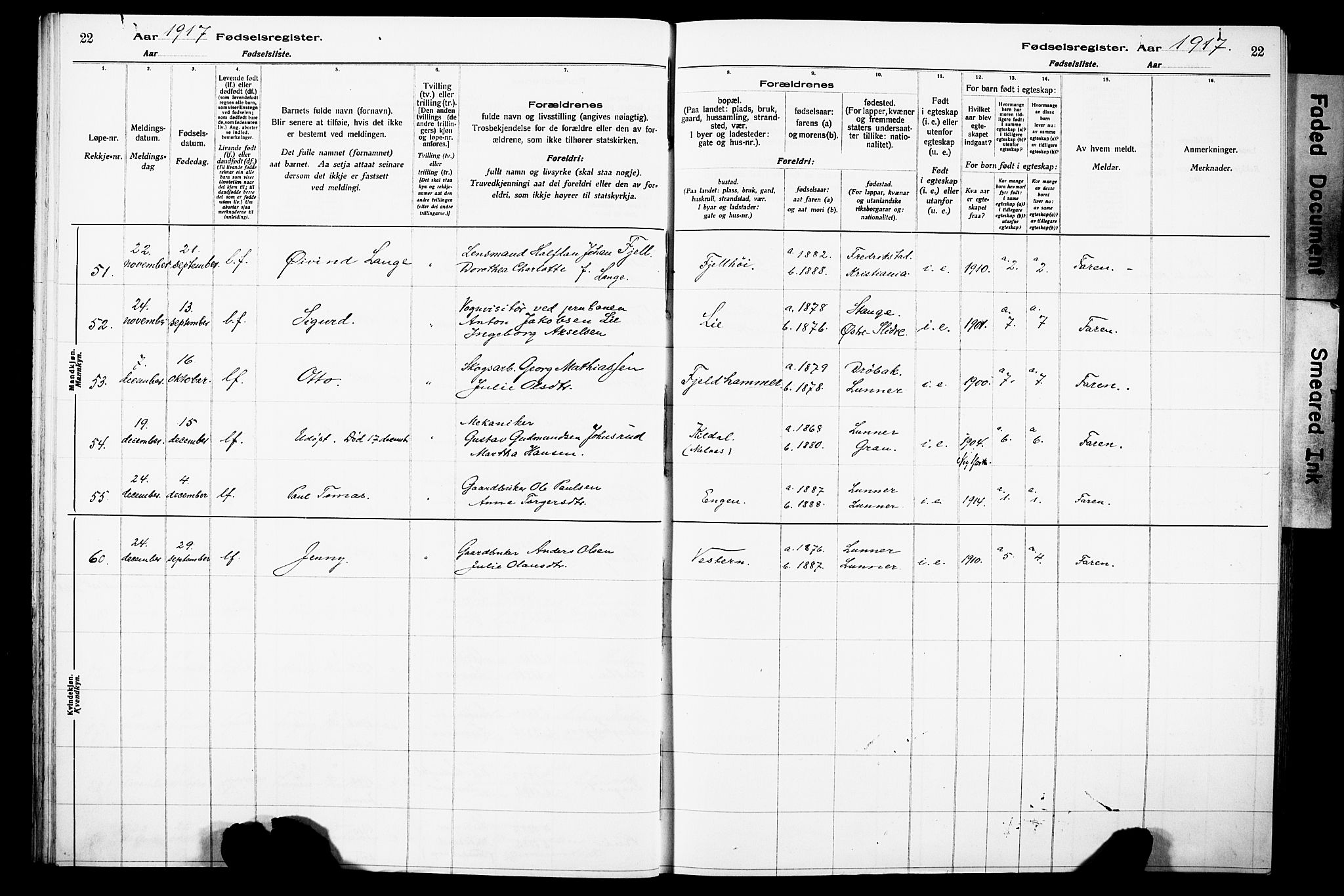 Lunner prestekontor, SAH/PREST-118/I/Id/L0001: Fødselsregister nr. 1, 1916-1932, s. 22